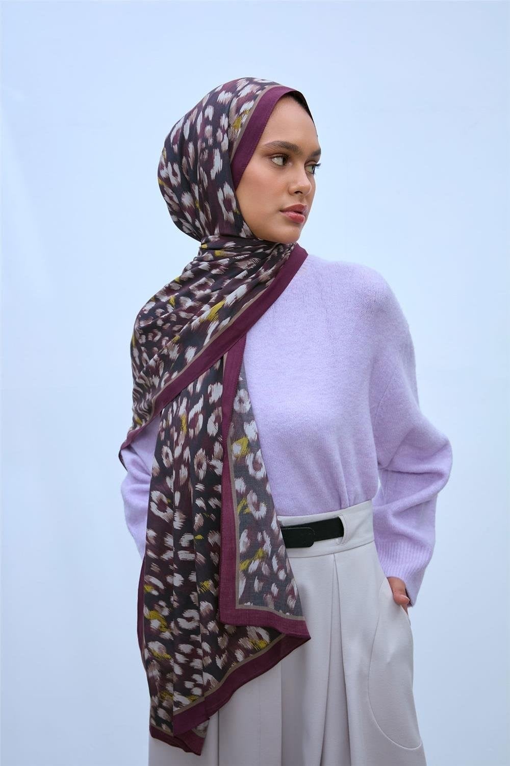 Eco Viscose Leopar Şal Mürdüm Nefes Alan Dokulu 90