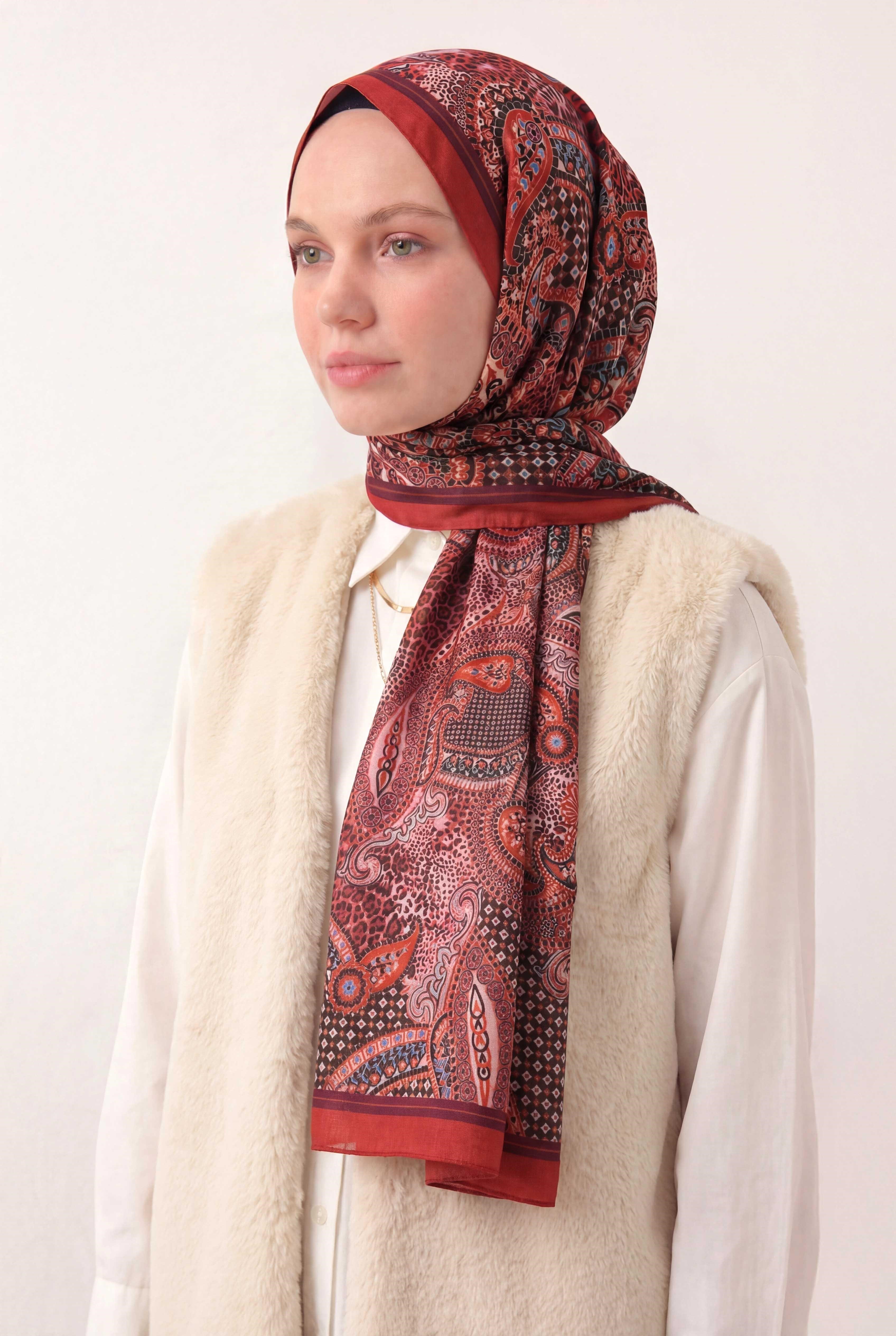 Etnik Desen Mercan 75X195 Soft Şal