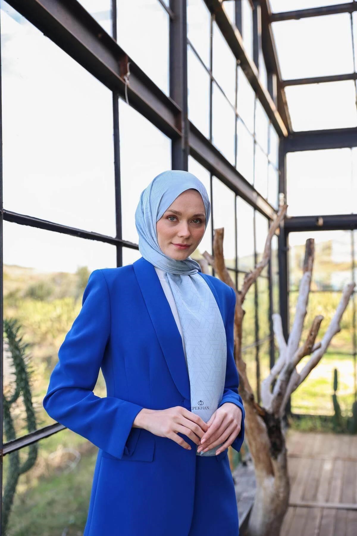 Exen Desen İpeksi Jakar Şal Baby Blue 9011-13