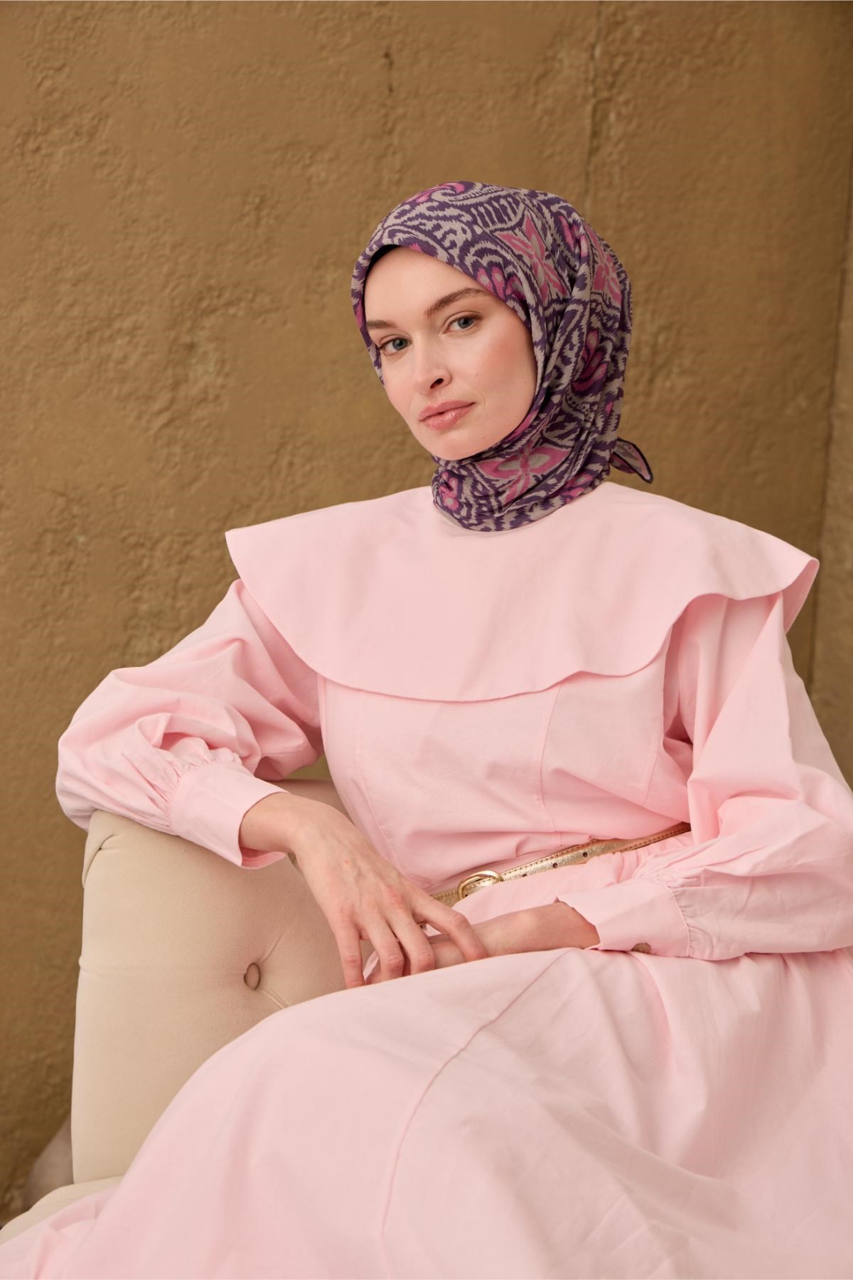 İnce Pamuk Soft Eşarp Funda-Pembe-Taş Desenli Nefes Alan Tok Duruşlu 90x90