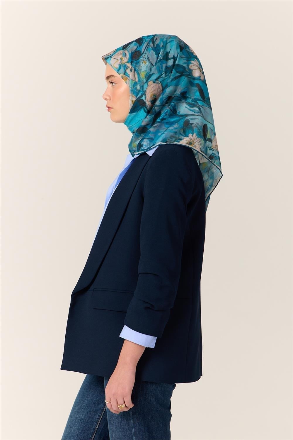 İnce Pamuk Soft Eşarp Gök Mavi-Bebe Mavi Desenli Kaymaz Dokulu Tok Duruşlu 90x90