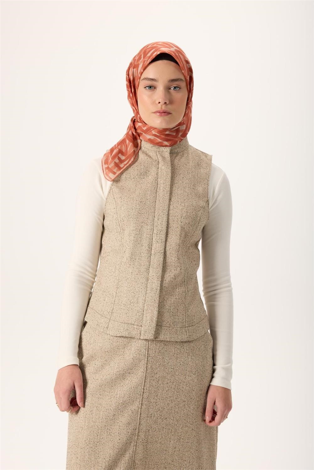 İnce Pamuk Soft Eşarp Krem Soğan Kabuğu Taba Desenli Nefes Alan 90x90
