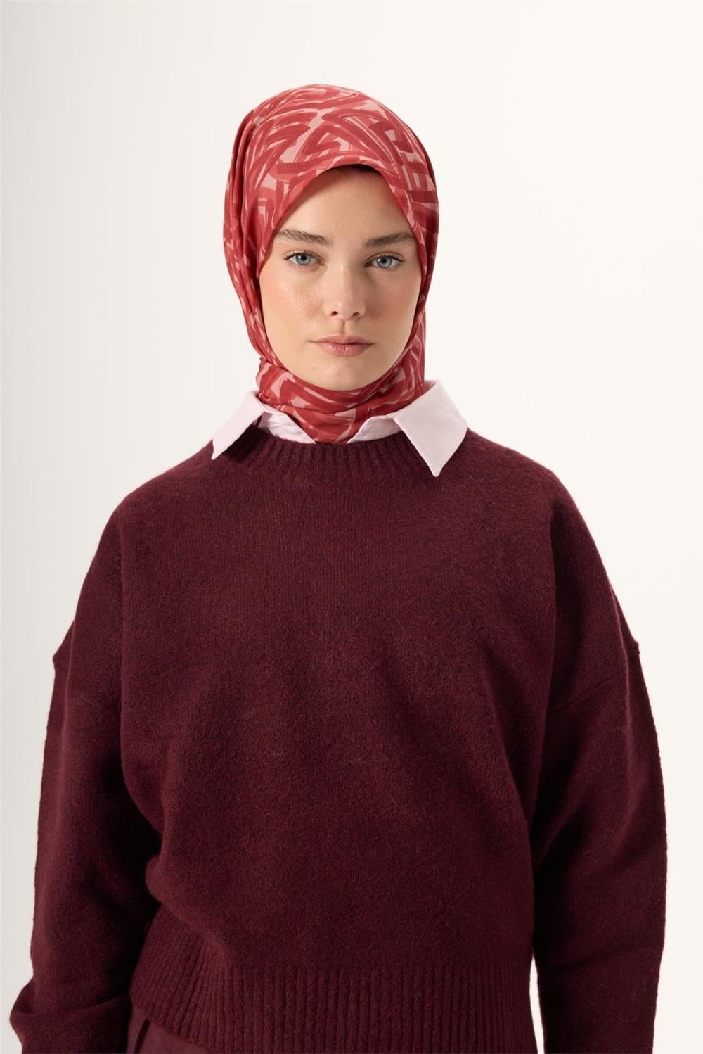 İnce Pamuk Soft Eşarp Pudra Kızıl Turuncu Şeftali Desenli Nefes Alan 90x90