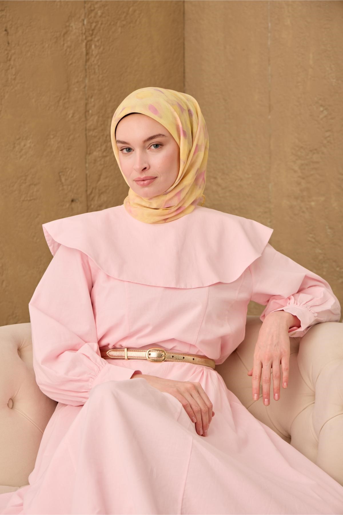 İnce Pamuk Soft Eşarp Sarı-Pembe Desenli Nefes Alan Tok Duruşlu 90x90