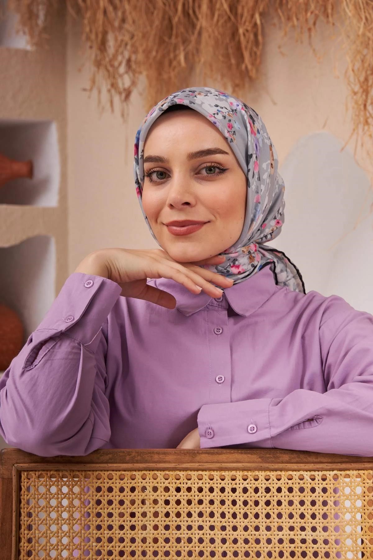 İpekhan Flowers Serisi Gri Pamuk Viskon Eşarp 1123-14