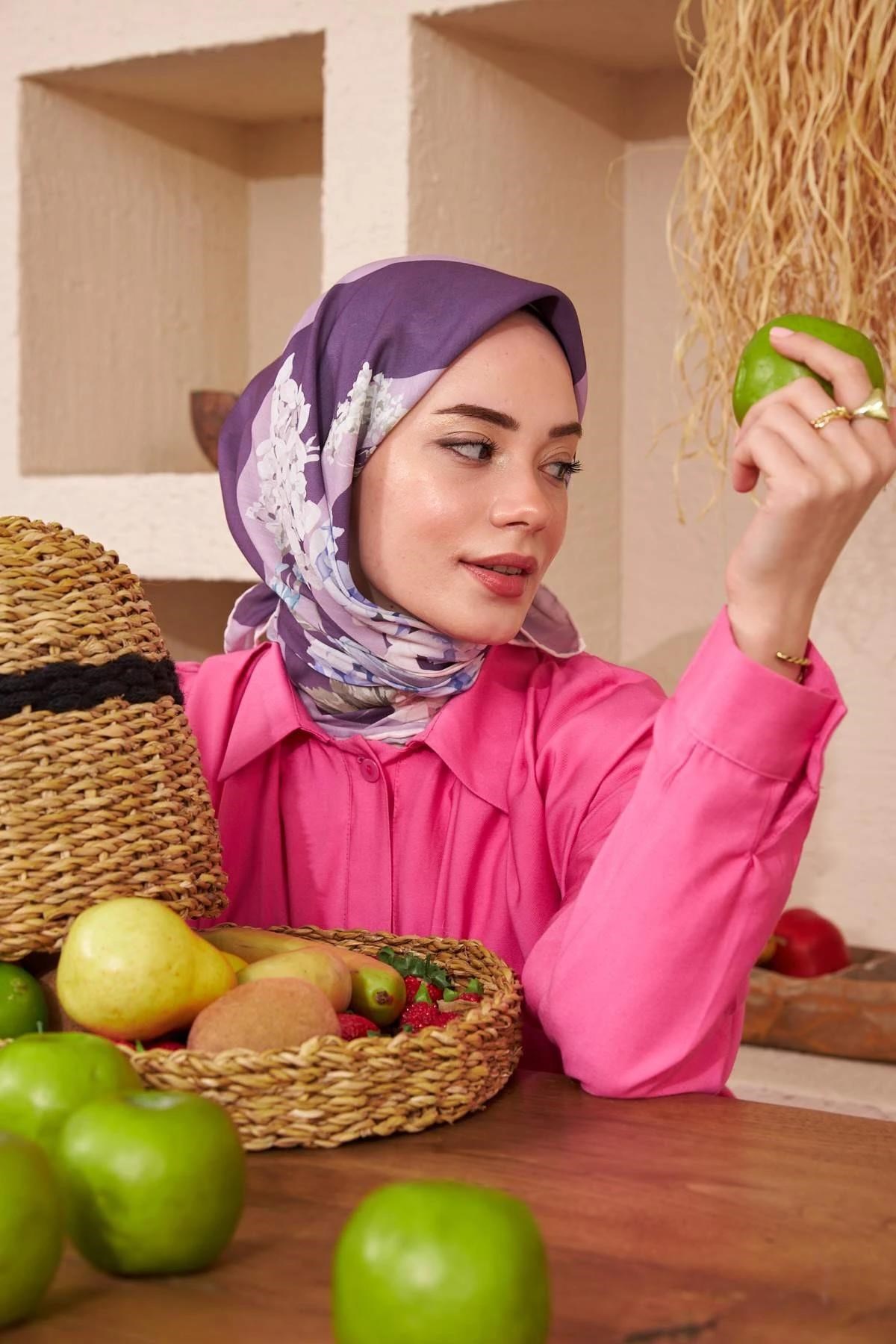 İpekhan Flowers Serisi Mor Pamuk Viskon Eşarp 1115-06