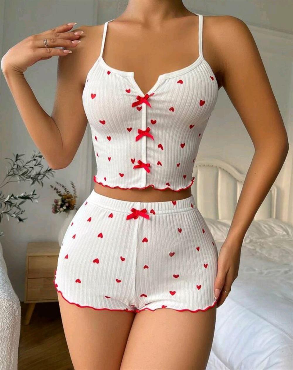 Kadın Beyaz Fiyonk Desenli Seksi Gecelik Takım 6640