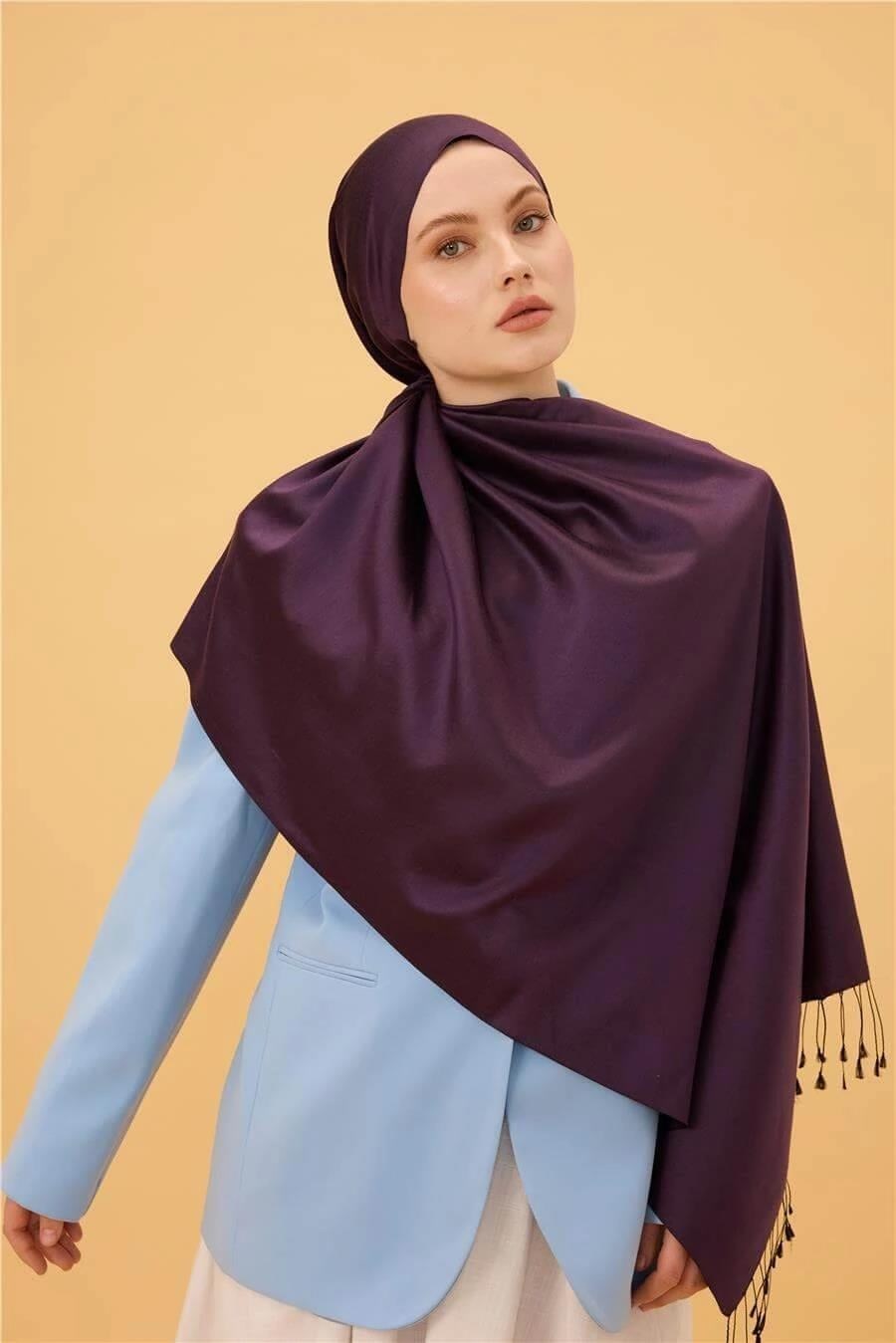 Koyu Mor Düz Çift Taraflı İpek Şal Modeli