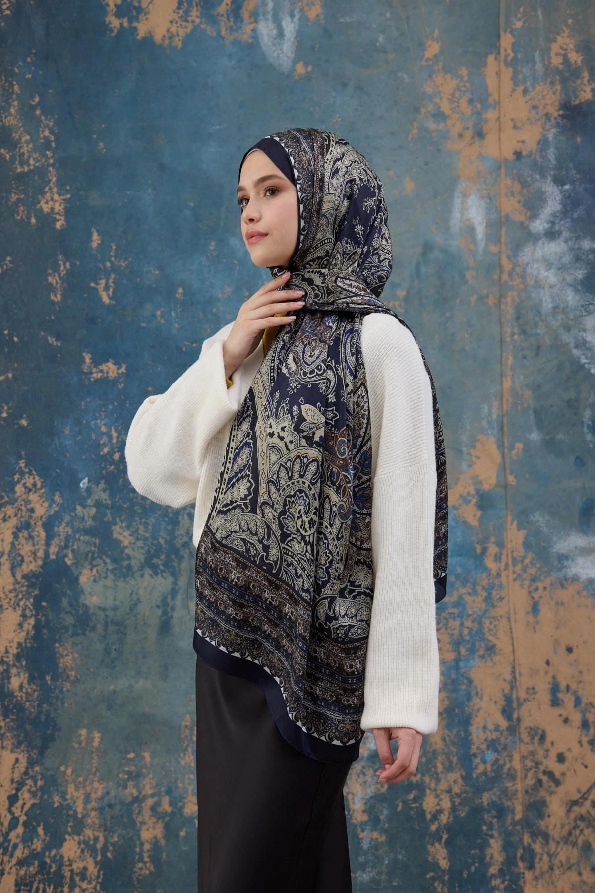 Lacivert Taş Hint Vual Şal - 5007-15