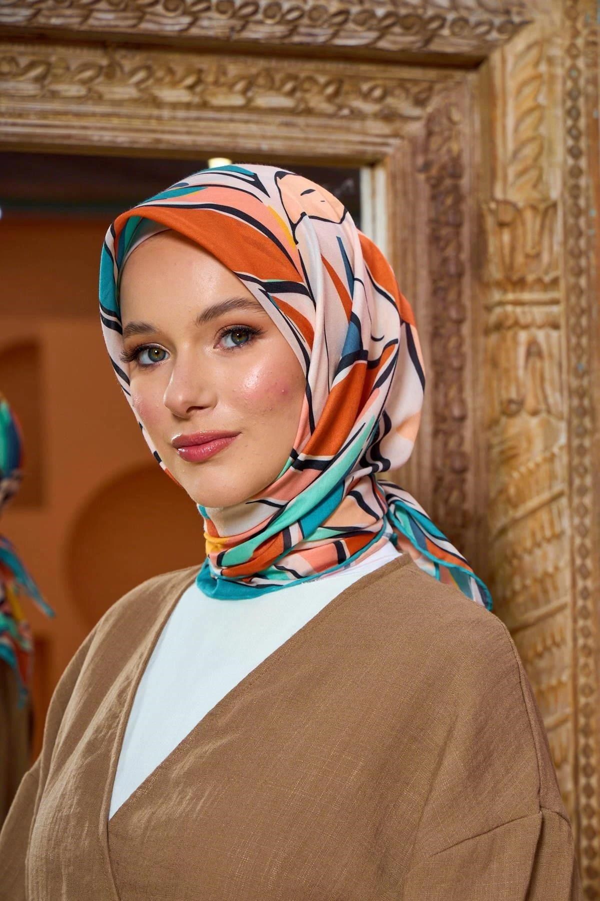 Marrakech Koleksiyon Soft Eşarp Çam Yeşili Turuncu 1199-14