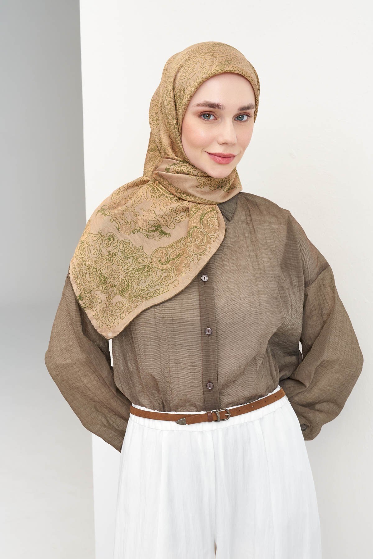 Monare Eşarp Etnik Motif Bej 90x90