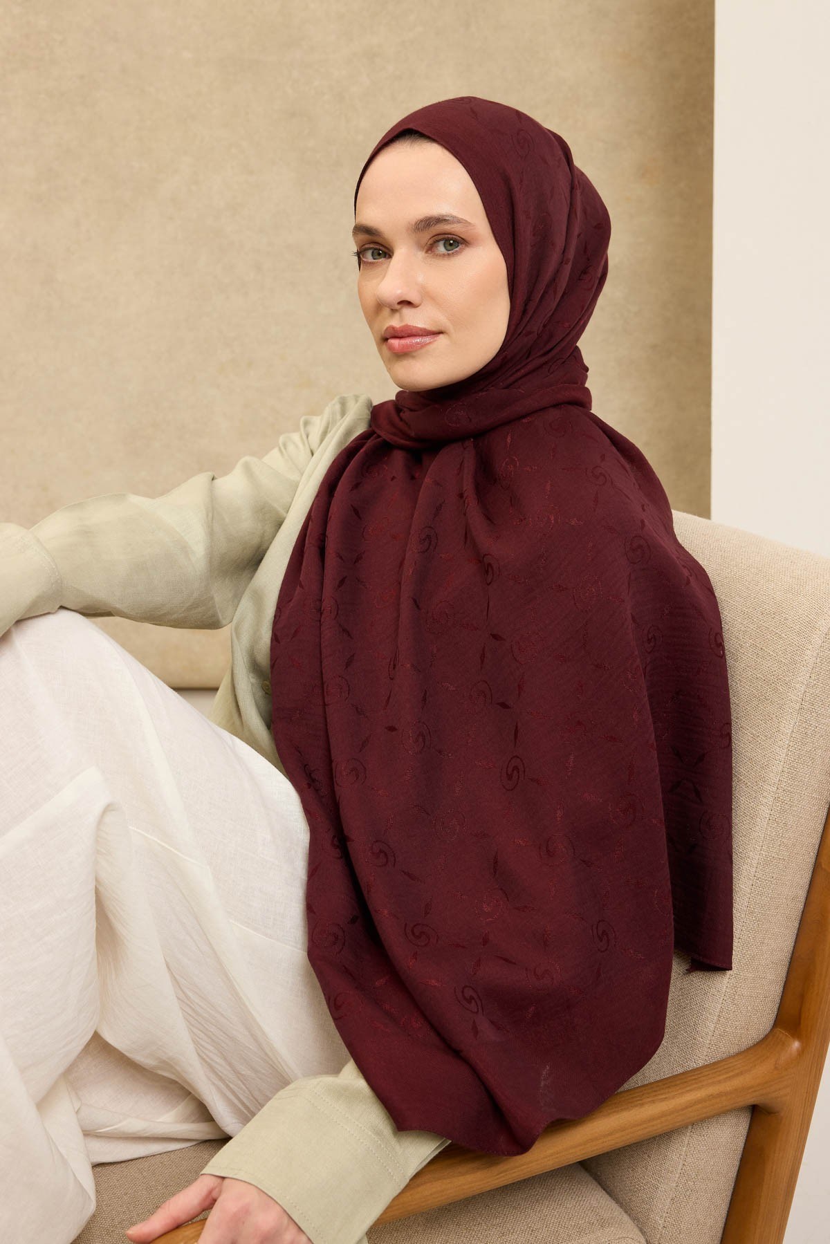 Naia Pamuk Şal Maxi Monogram Bordo