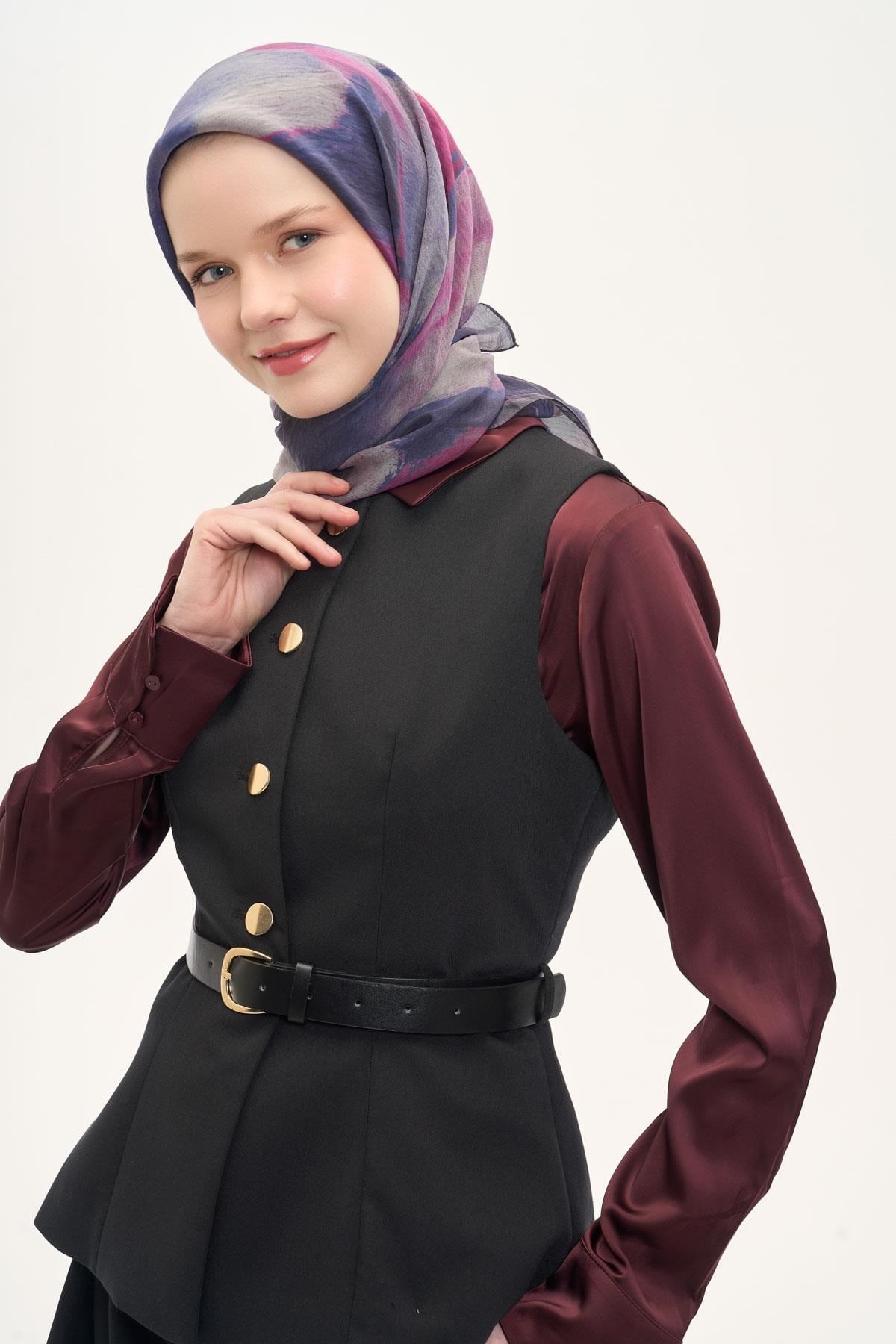 Olinda İpek Karışımlı Eşarp Soyut Desen Lacivert 90x90