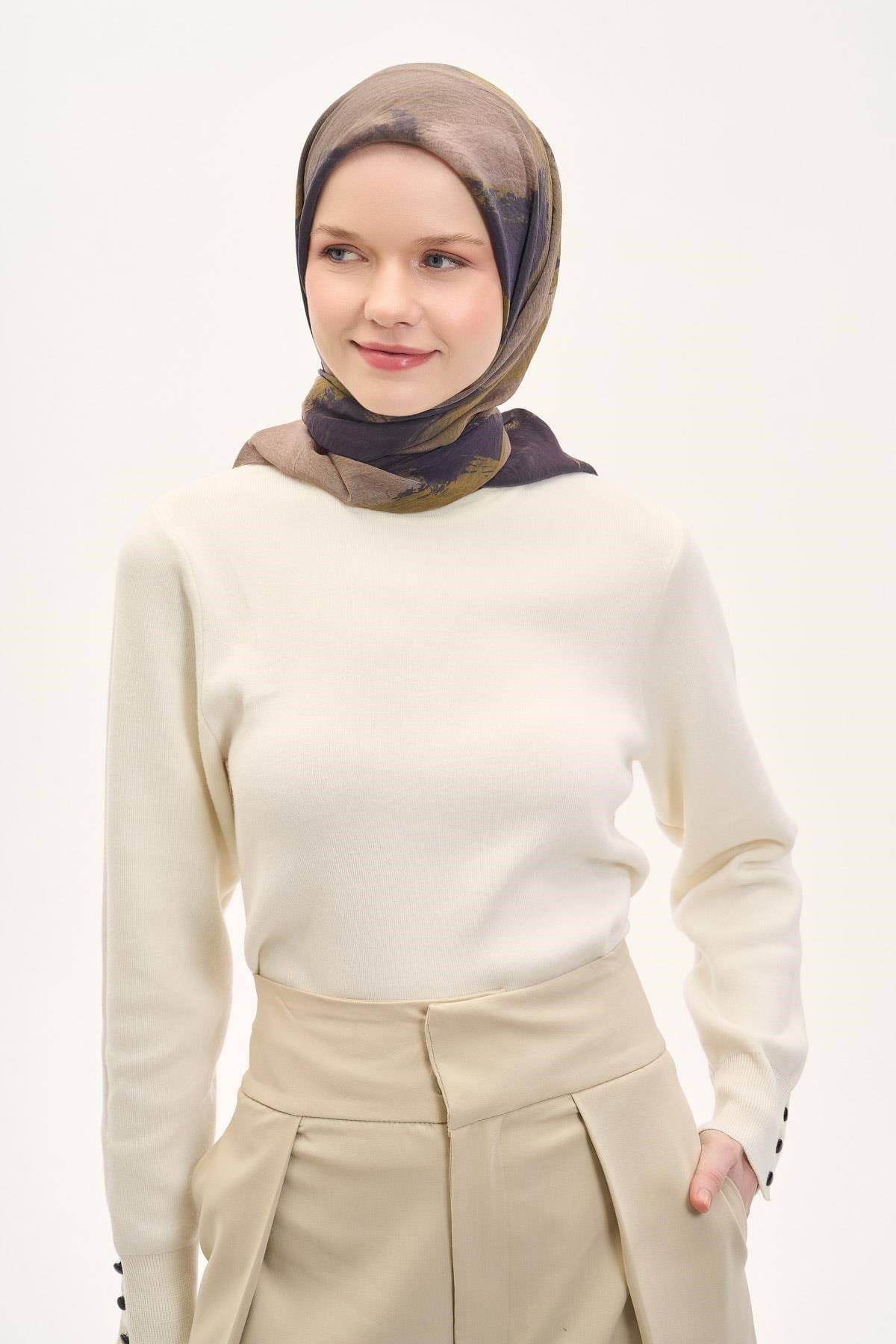 Olinda İpek Karışımlı Eşarp Soyut Desen Küf Yeşili 90x90