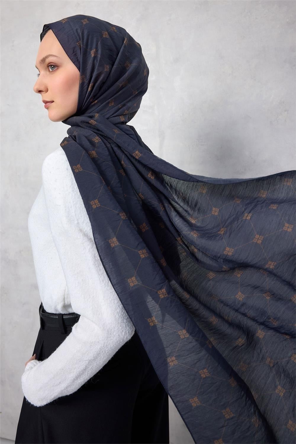 Olinda Şal Monogram Desen Gece Laciverti 75x195
