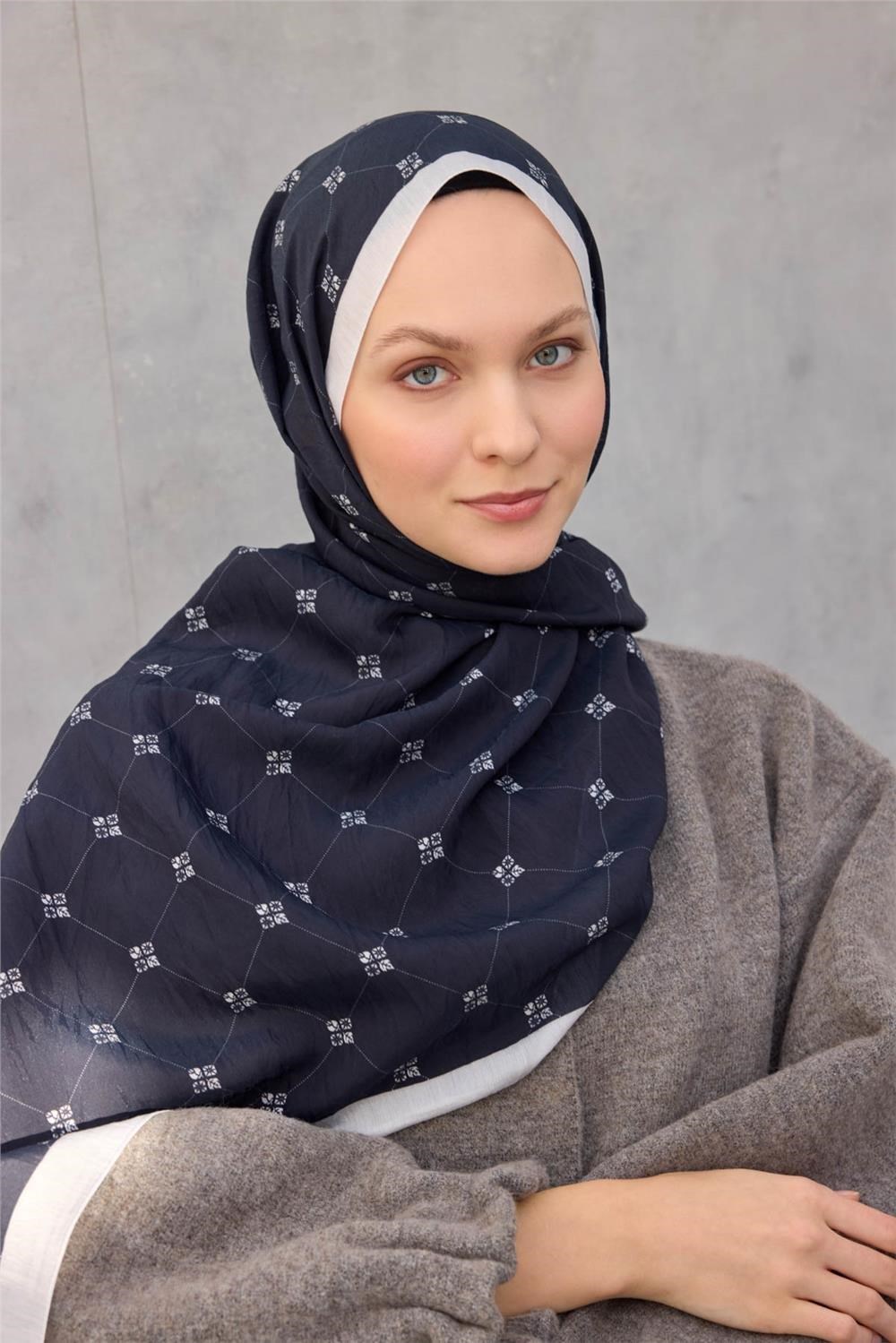 Olinda Şal Monogram Desen Gece Mavisi 75x195