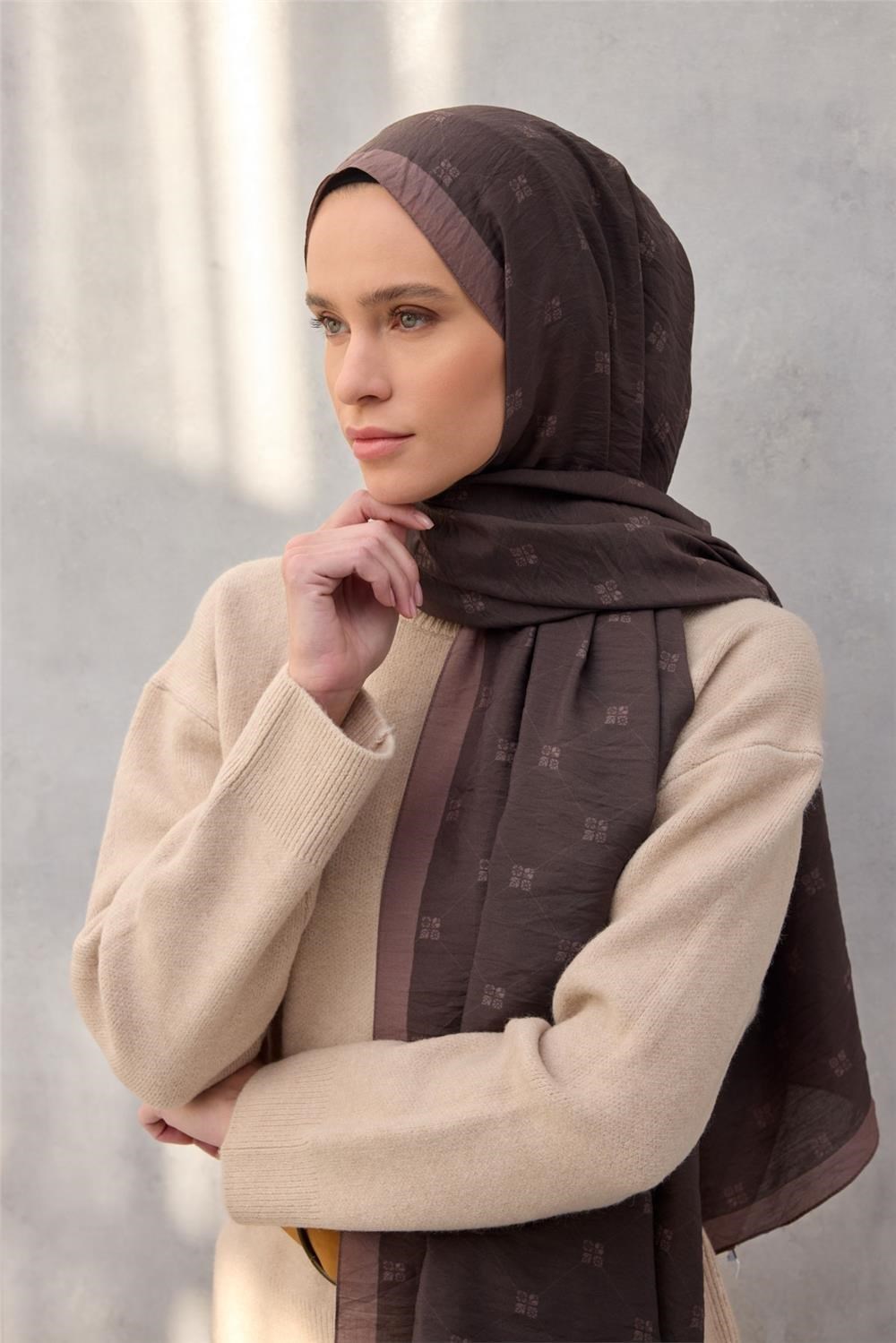 Olinda Şal Monogram Desen Koyu Kahve 75*195