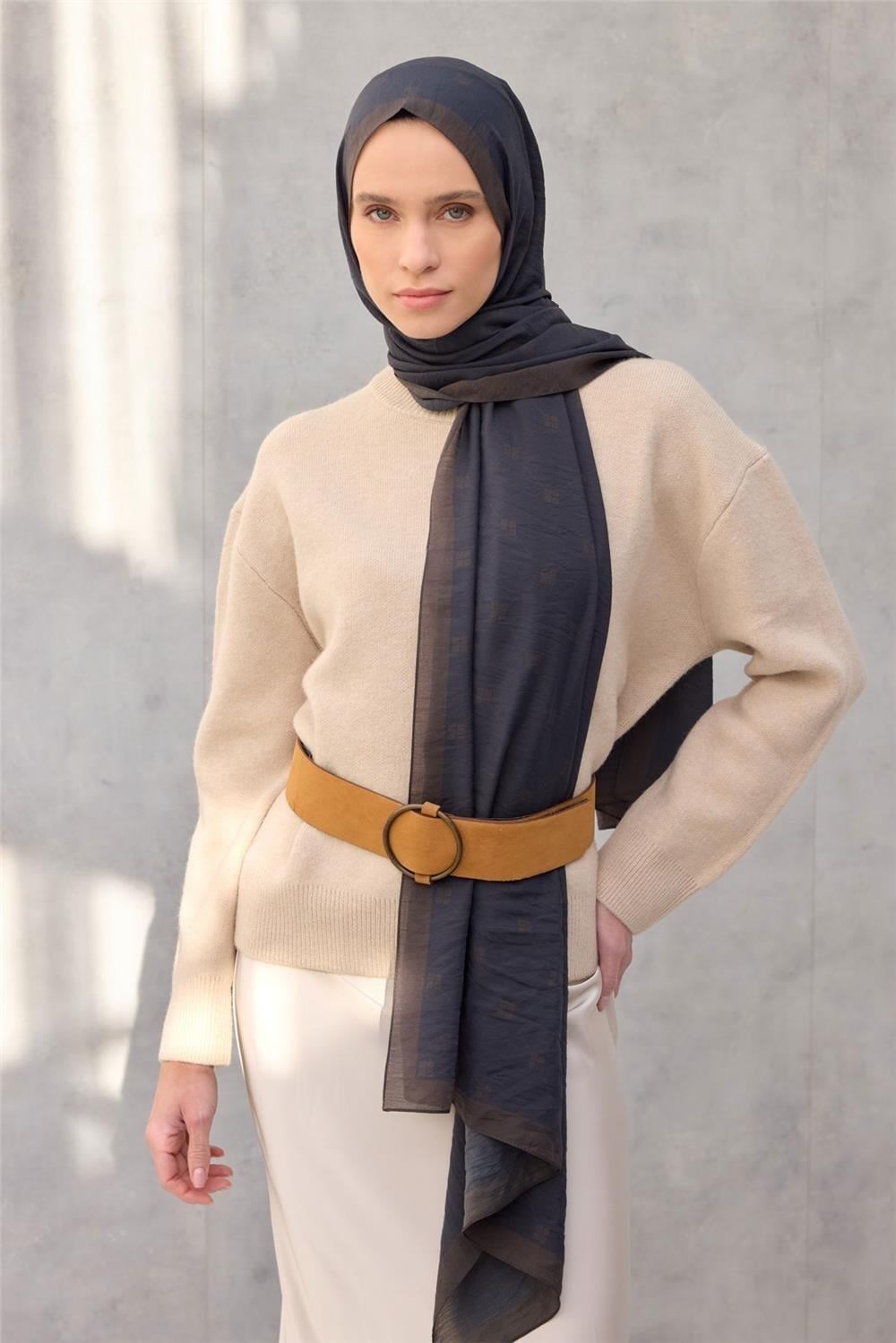 Olinda Şal Monogram Desen Siyah Lacivert 75x195