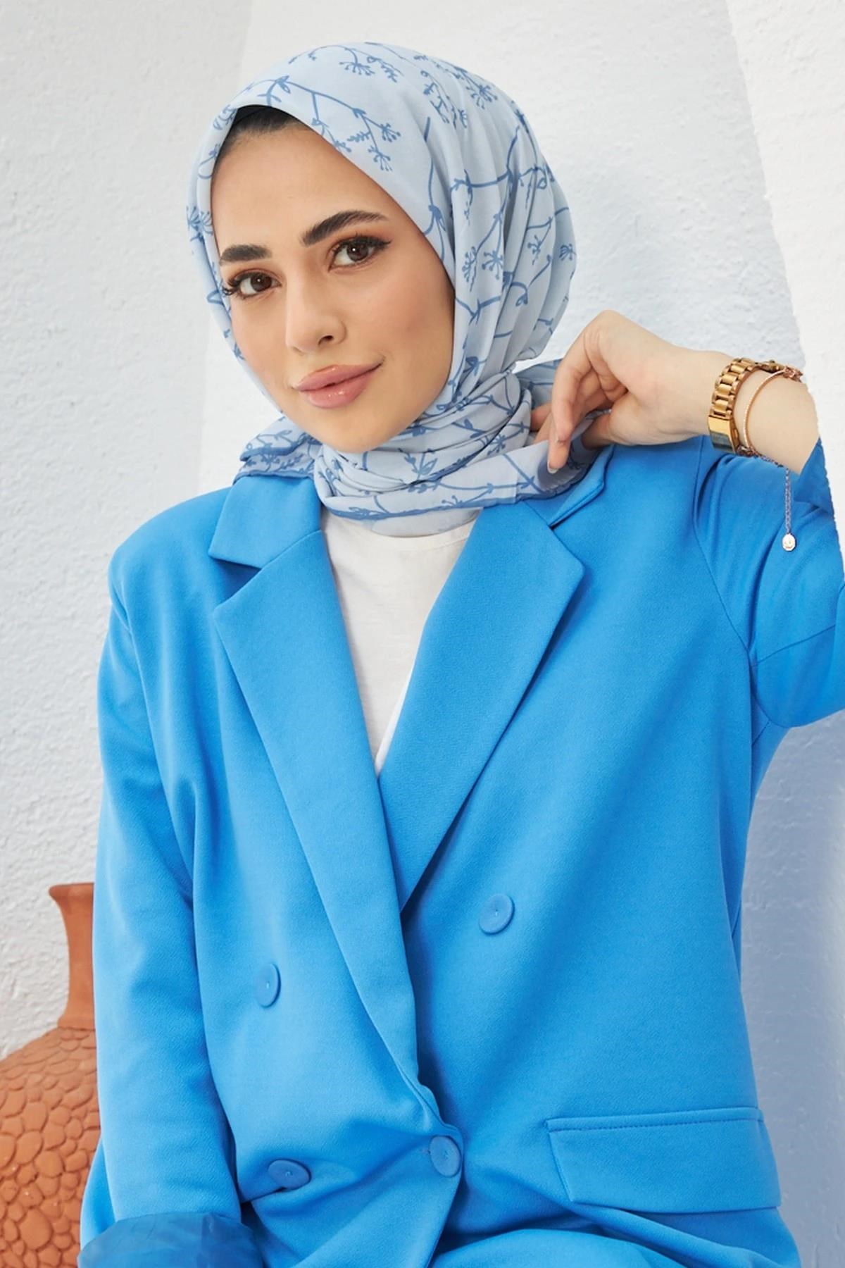 Olive Mavi Pamuk Viskon Eşarp
