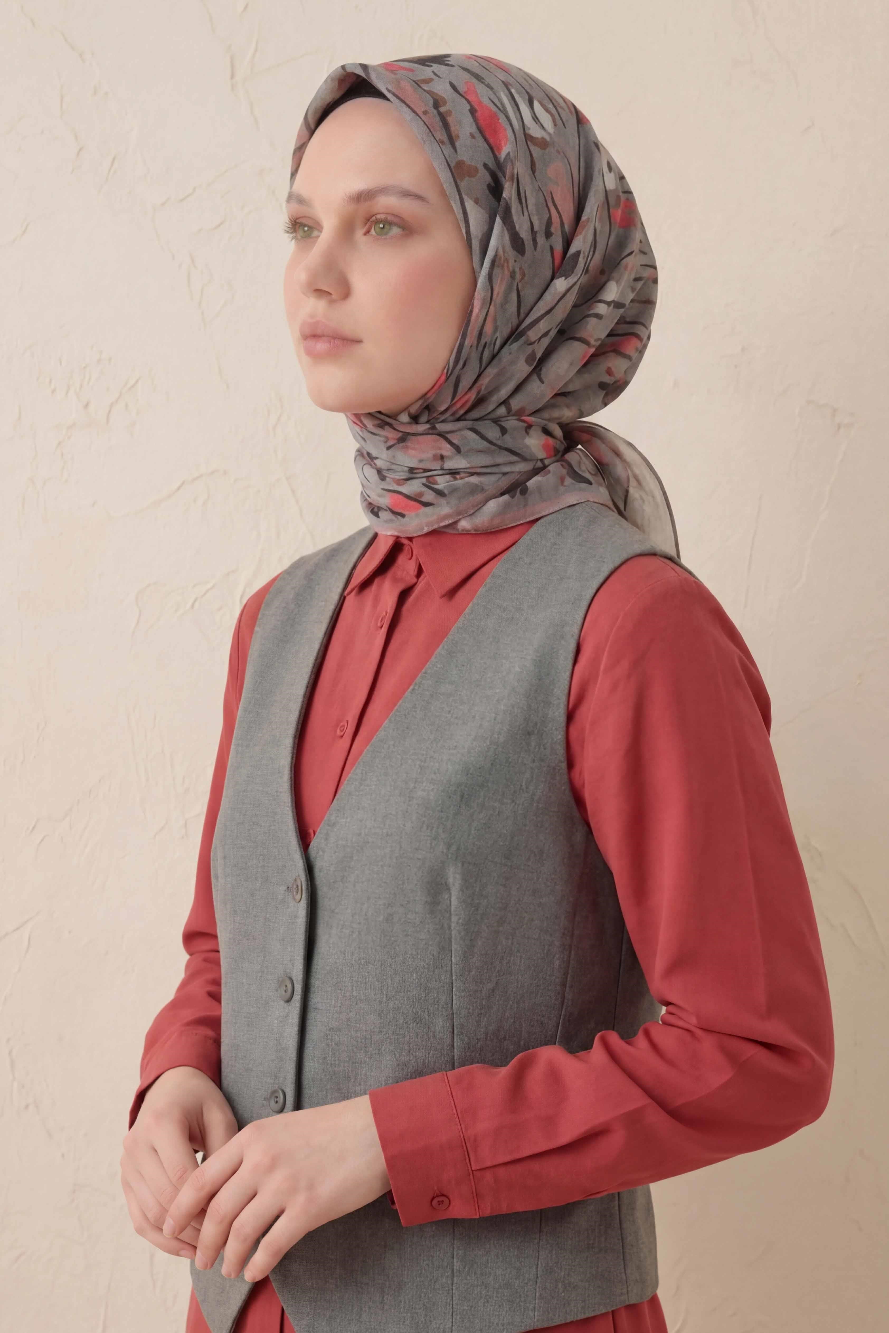 Pamuk Karışımlı Soft Eşarp Fırça Darbeli Desen Metalik Gri 90x90