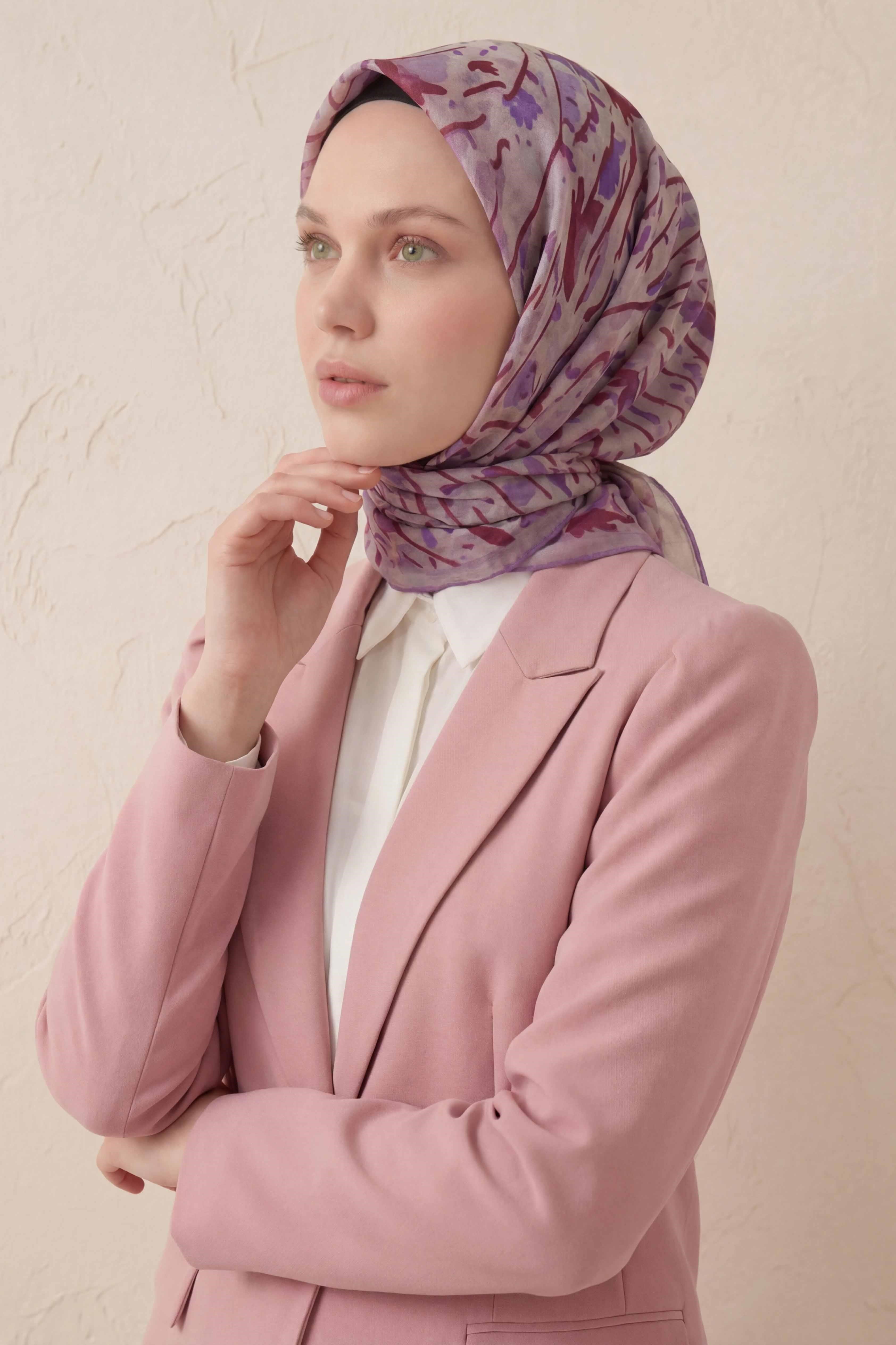 Pamuk Karışımlı Soft Eşarp Fırça Darbeli Desen Pudra Vizon 90x90