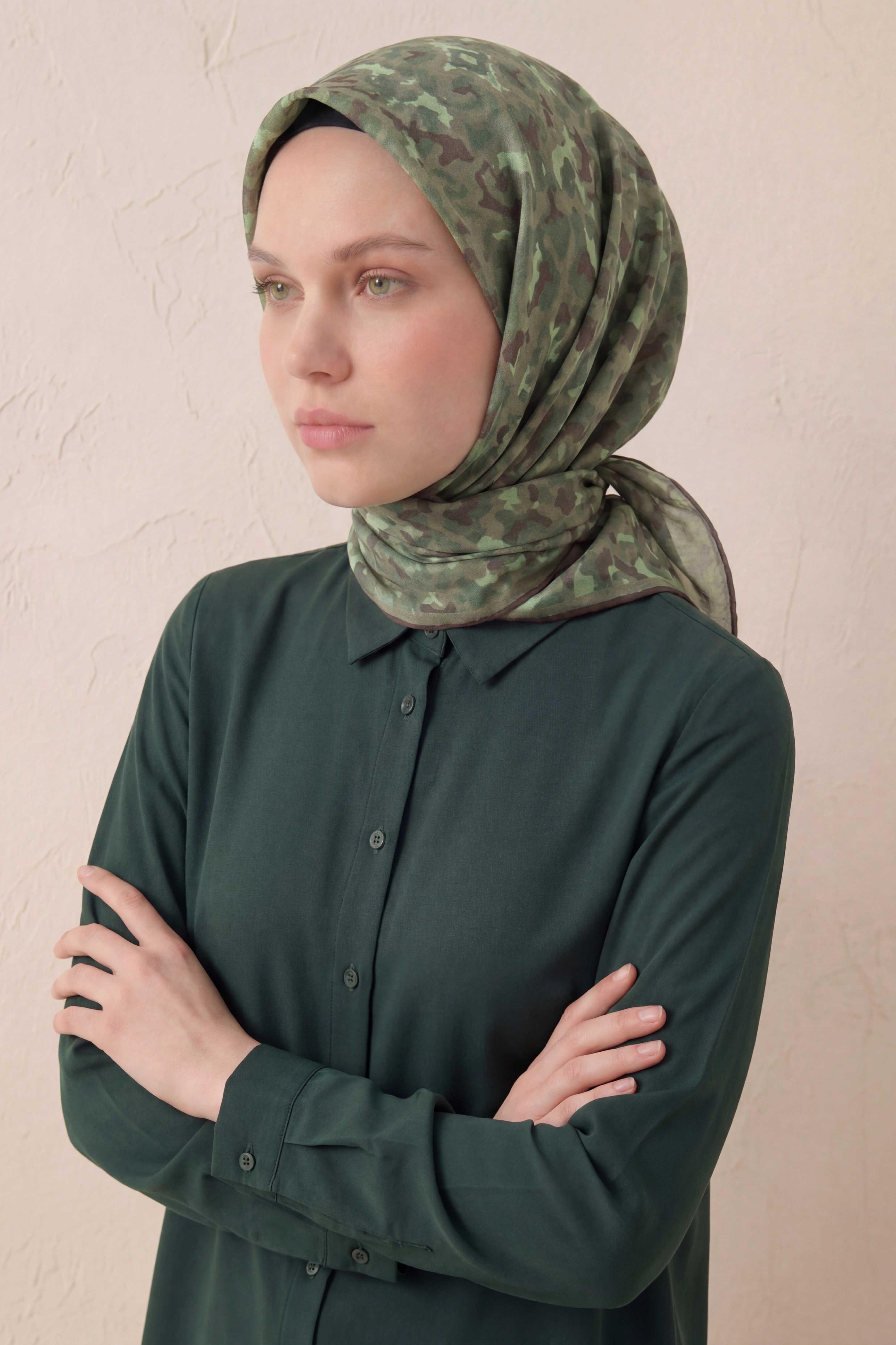 Pamuk Karışımlı Soft Eşarp Sis Motif Desen Haki 90X90