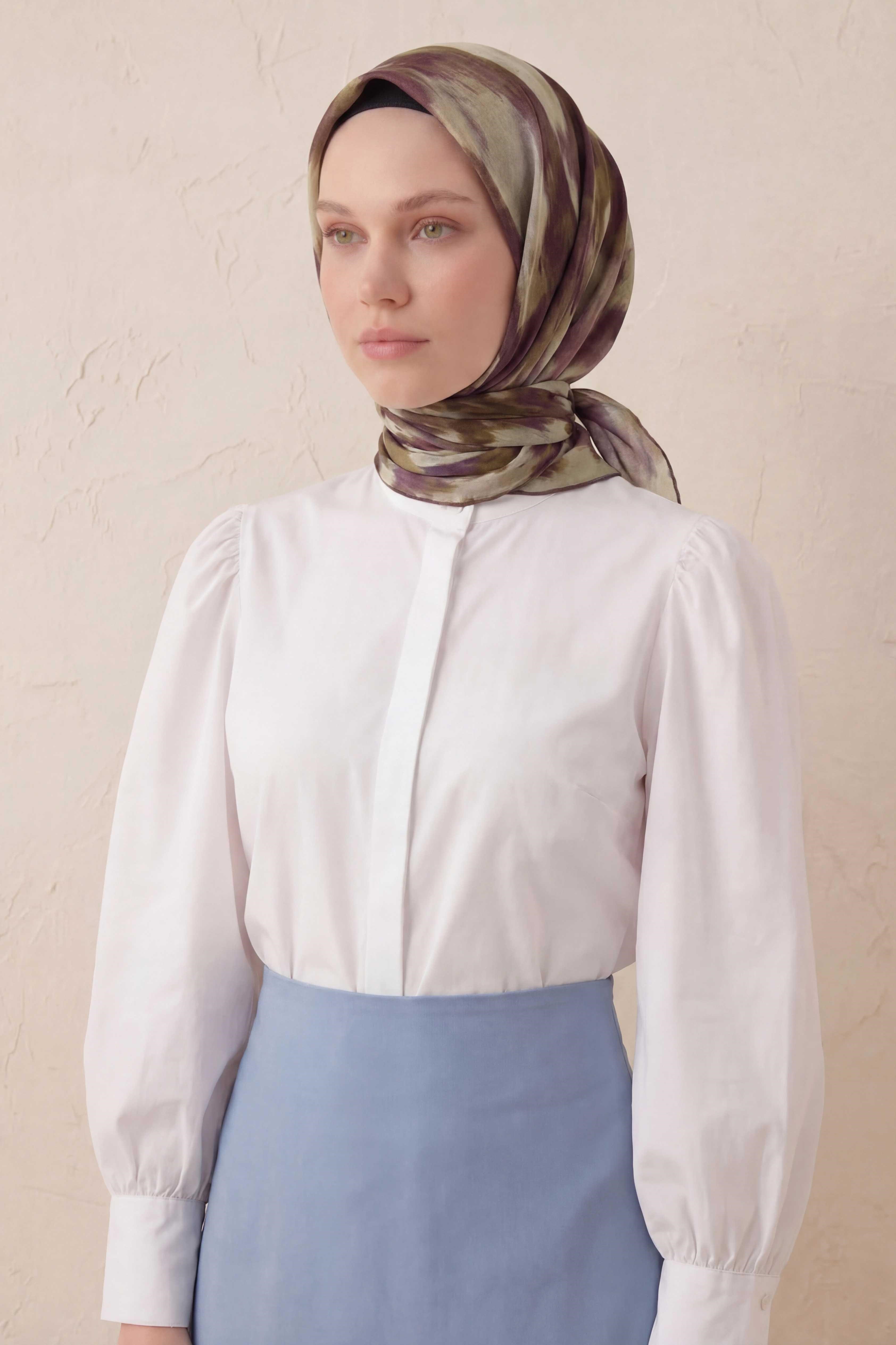 Pamuk Karışımlı Soft Eşarp Soyut Fırça Desen Su Yeşili 90X90