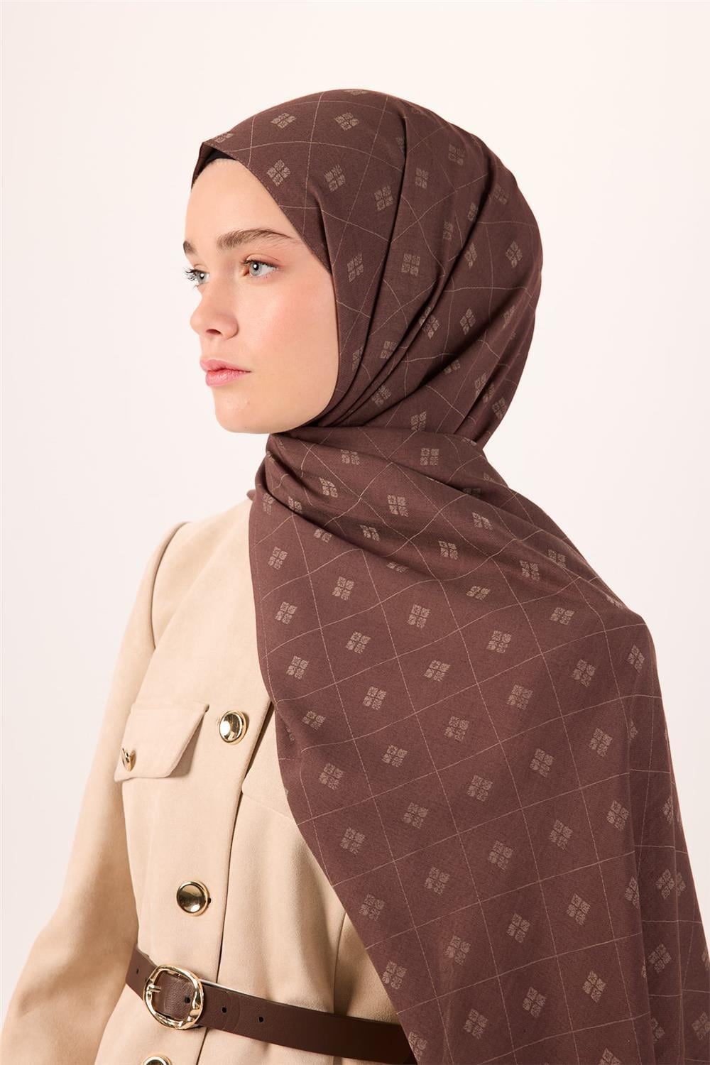 Pamuk Polyester Liva Şal Kahverengi Vizon Desenli Tok Duruşlu 90x200
