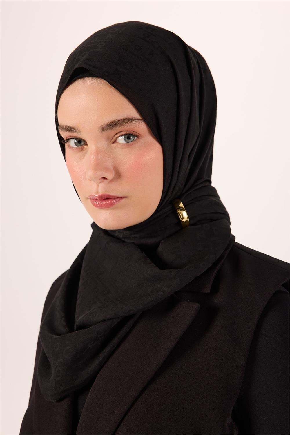 Pamuk Polyester Liva Şal Siyah Dokulu Nefes Alan 90x200