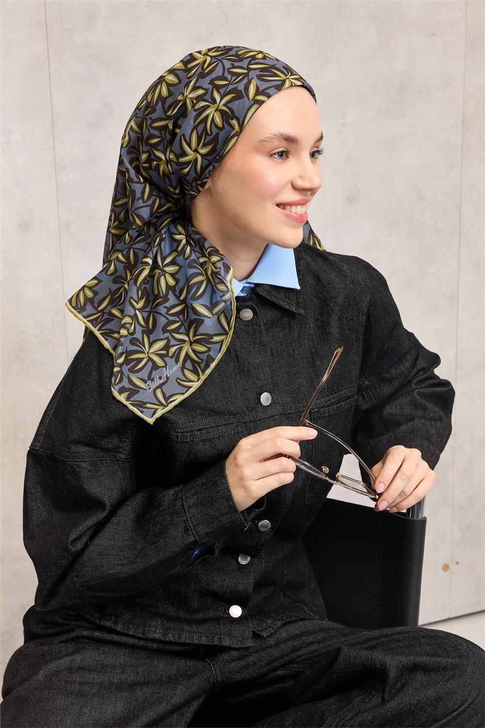 Pamuk Polyester Soft Eşarp Hardal Flora Desenli Kaymaz Dokulu 90x90