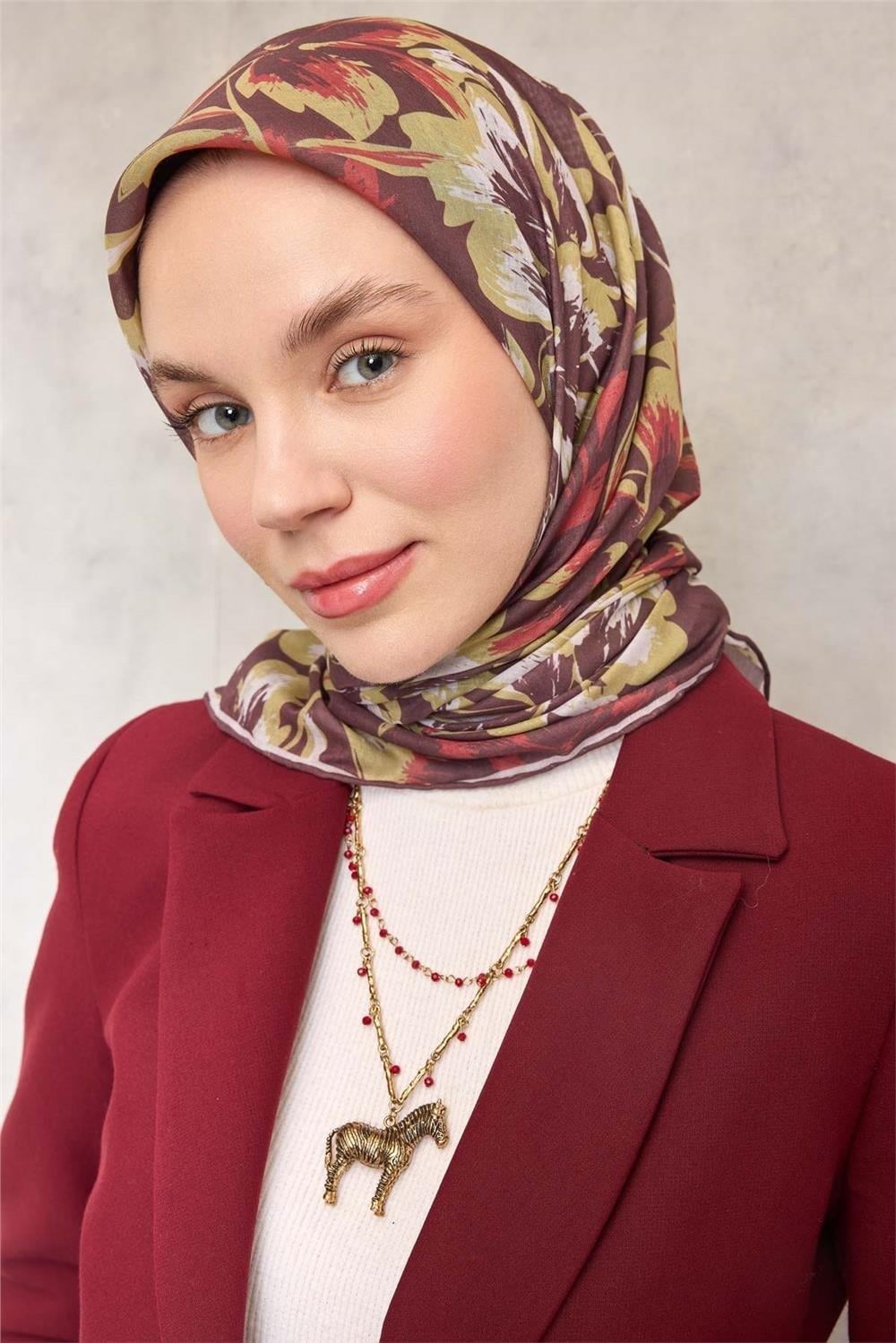 Pamuk Polyester Soft Eşarp Kahverengi Büyük Papatya Desenli Kaymaz Dokulu 90x90