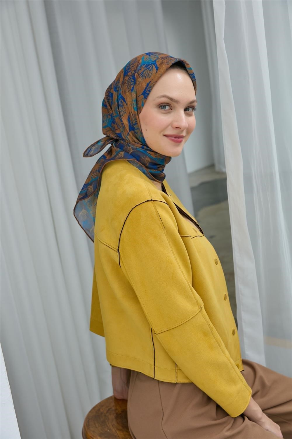 Pamuk Polyester Soft Eşarp Koyu Sarı Yaprak Desen 90*90