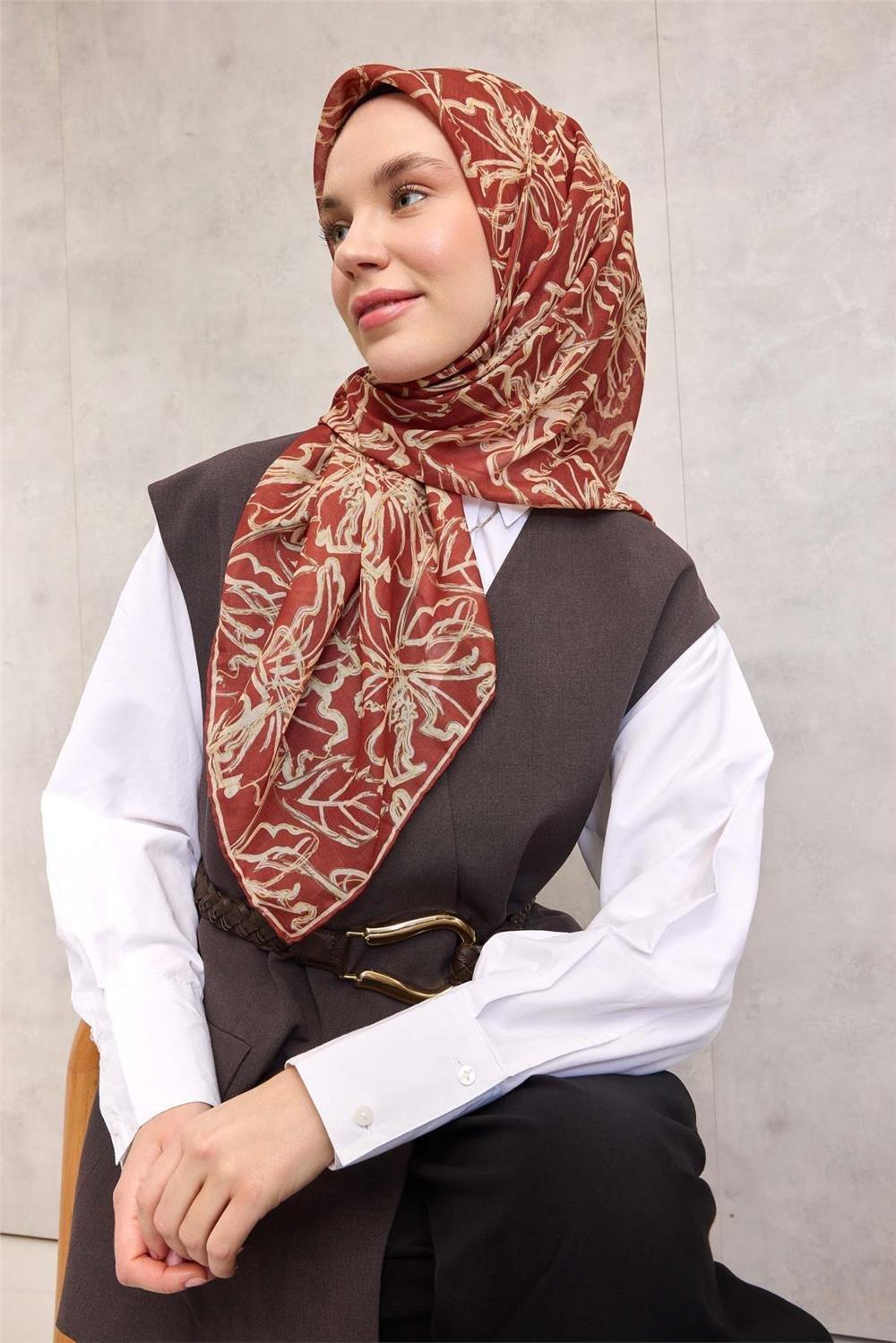 Pamuk Polyester Soft Eşarp Lilyum Desen Kiremit 90x90