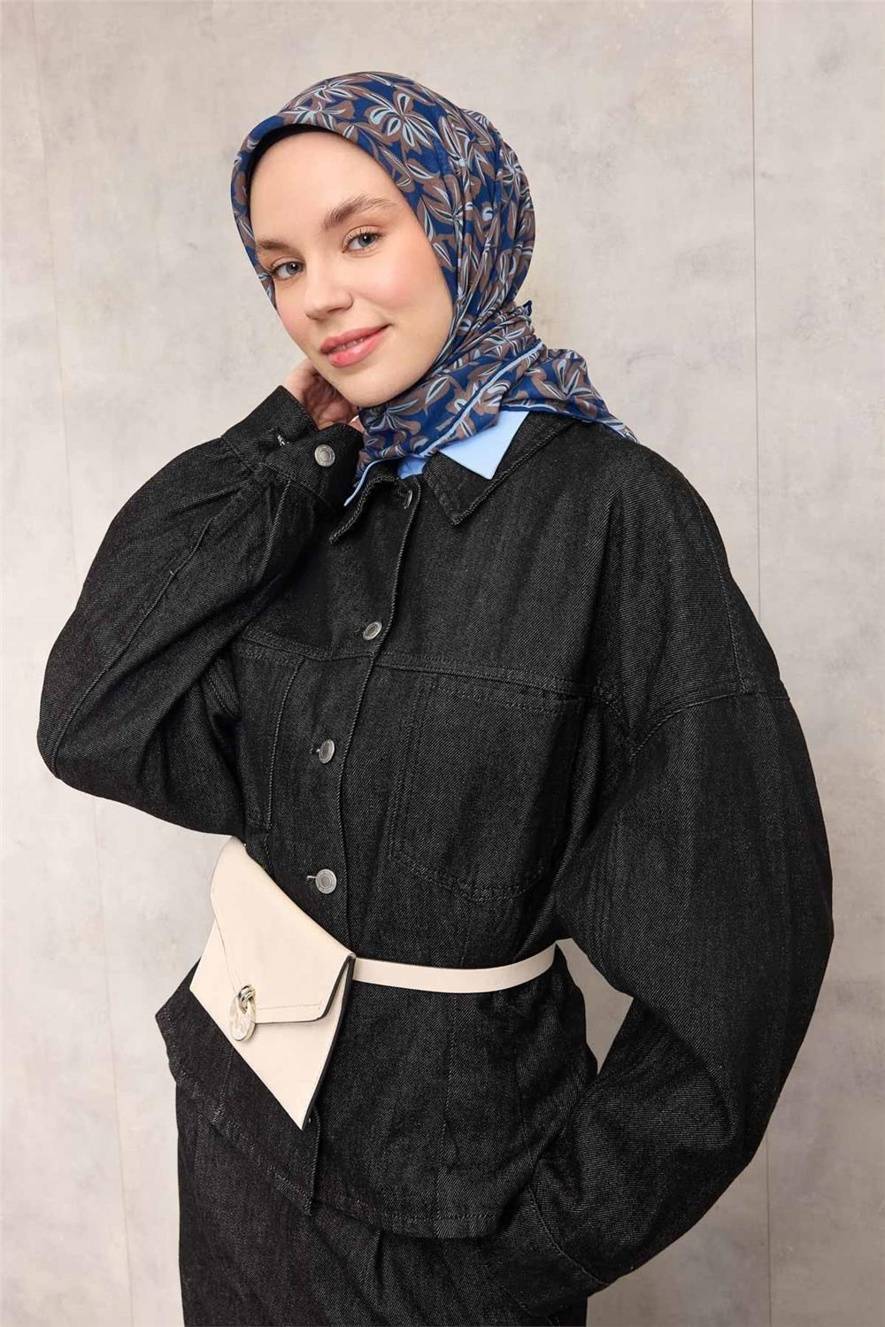 Pamuk Polyester Soft Eşarp Mavi Flora Desenli Kaymaz Dokulu 90x90