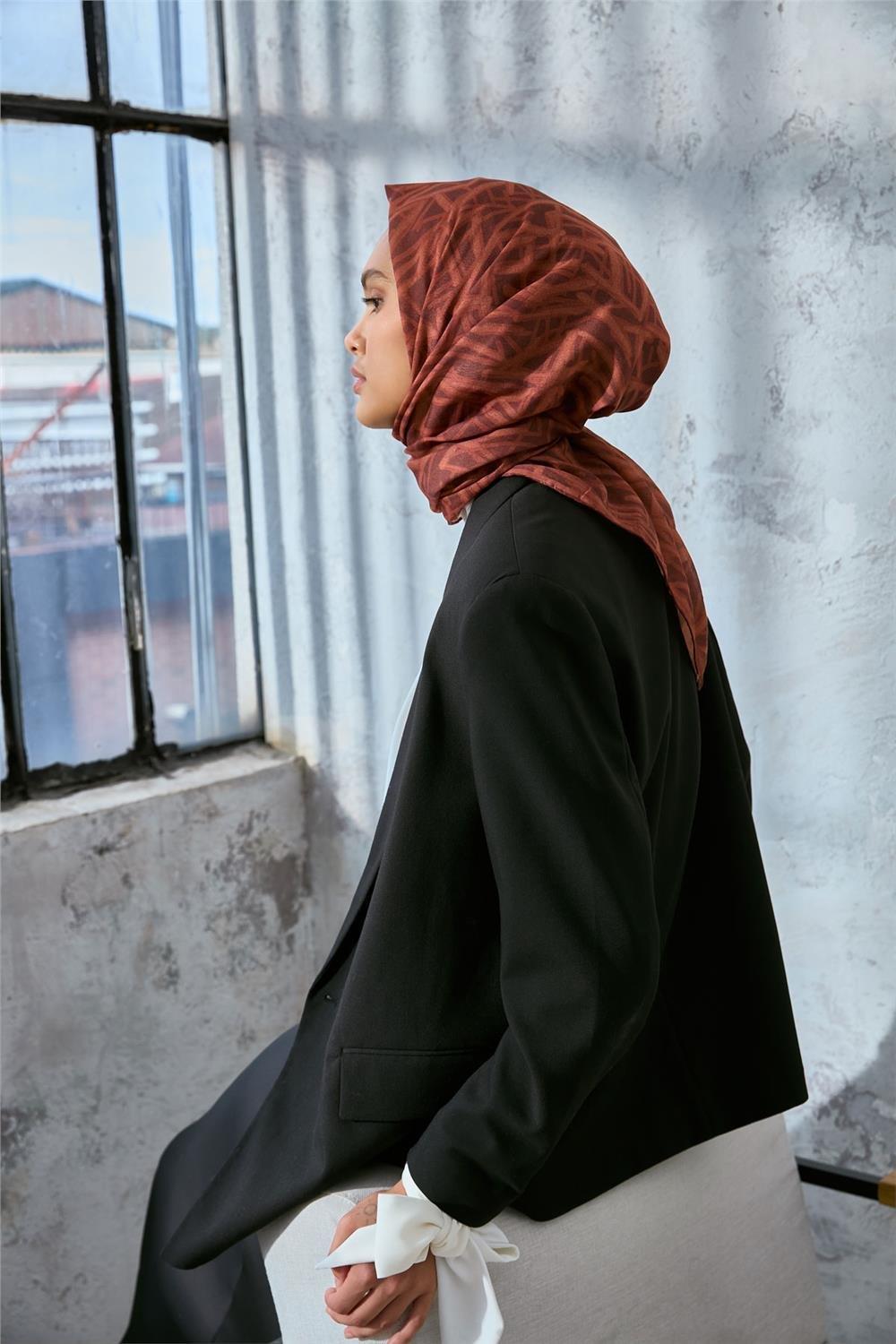 Pamuk Polyester Soft Eşarp Taba Geometrik Desen 90*90