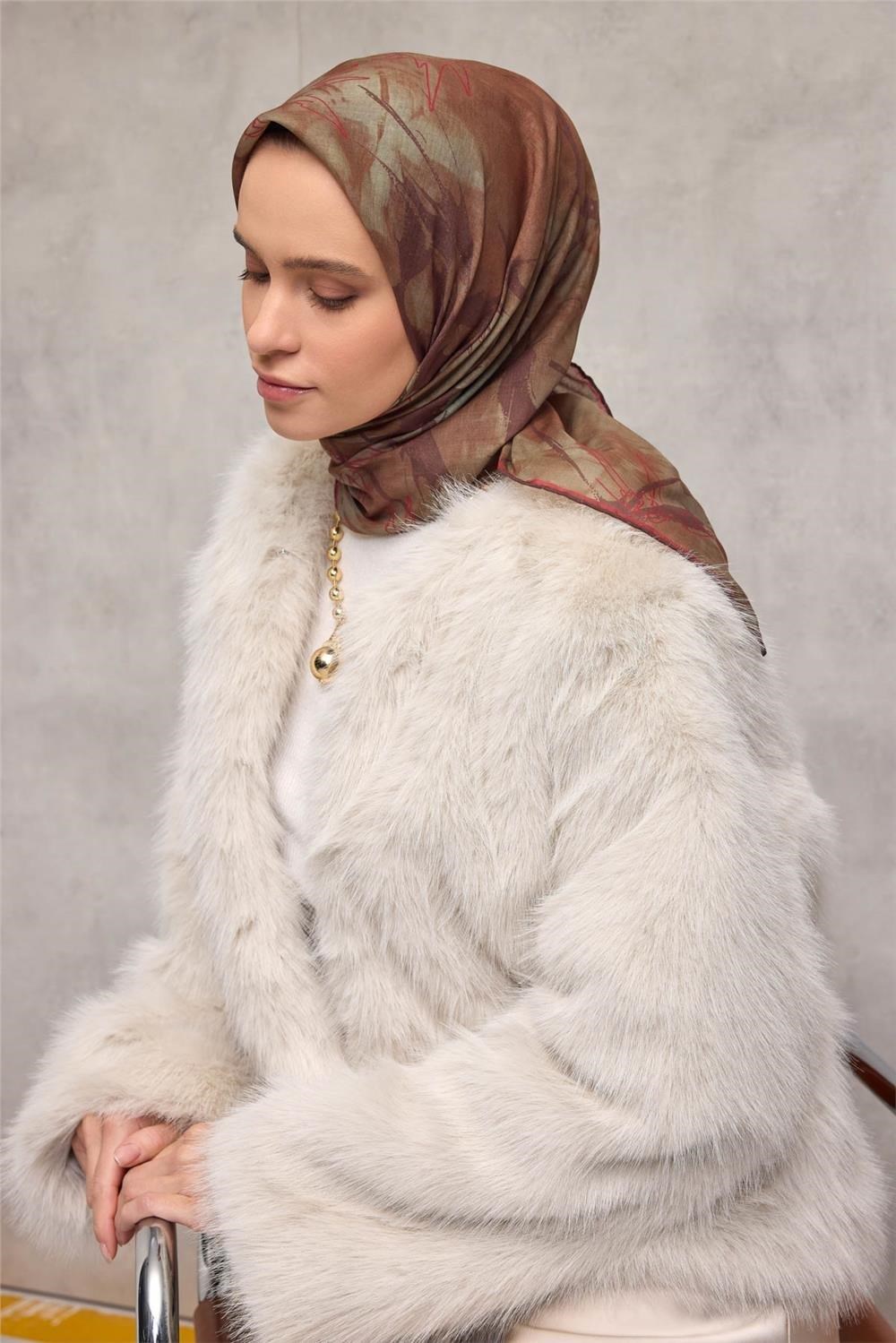 Pamuk Polyester Soft Eşarp Yaprak Desen Olive Kahve 90x90