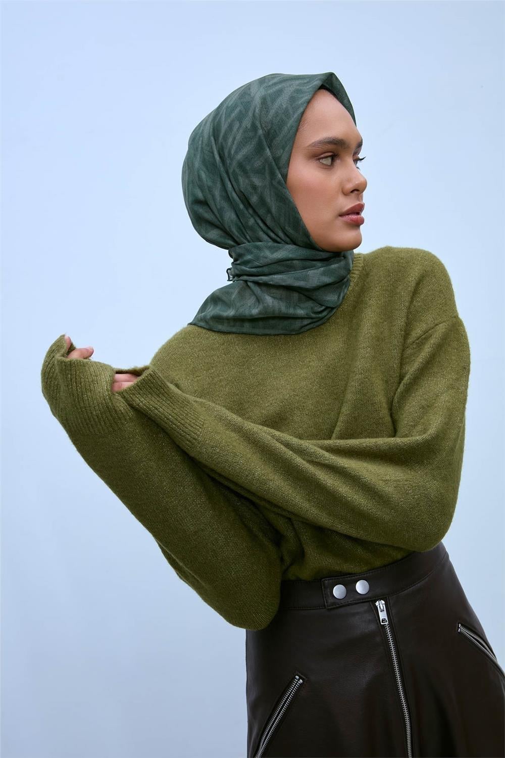 Pamuk Polyester Soft Eşarp Yeşil Geometrik Desen 90*90