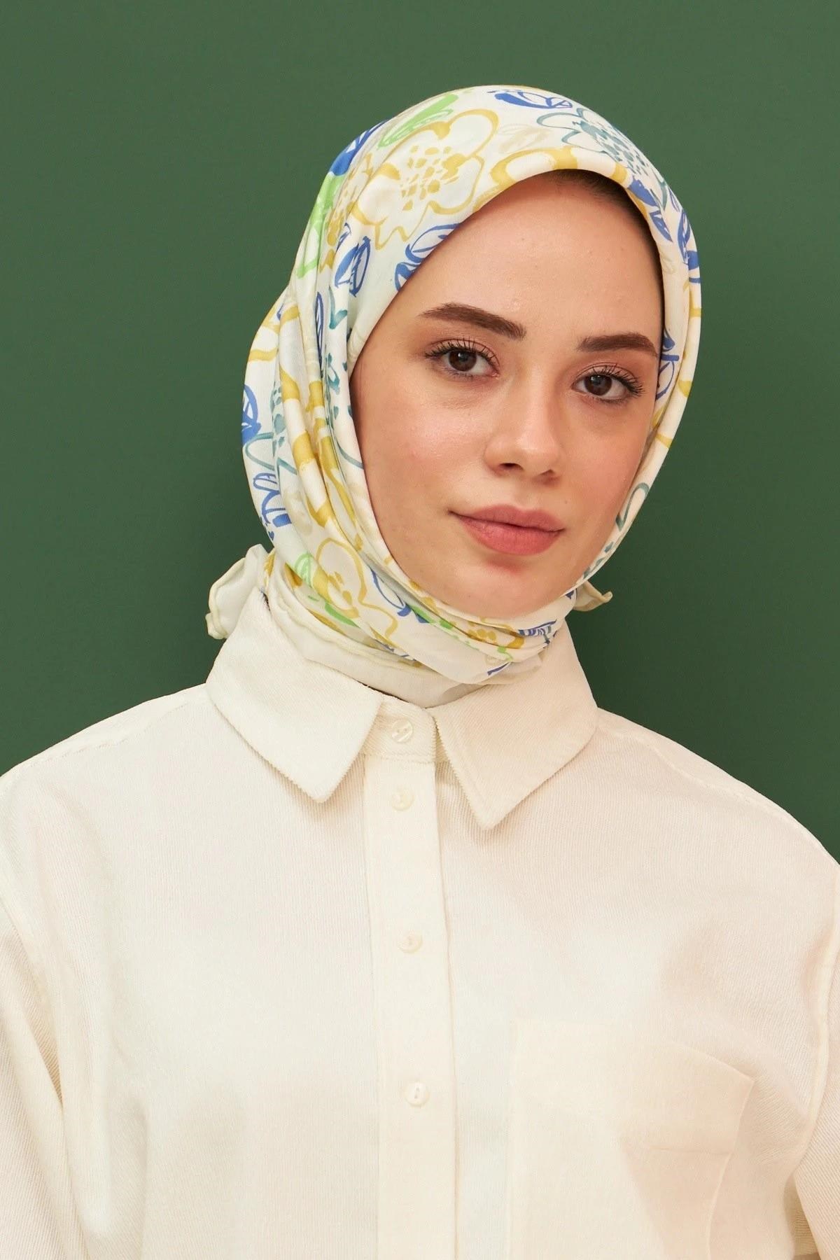 Pastel Mavi Sarı Pamuk Viskon Eşarp Modeli
