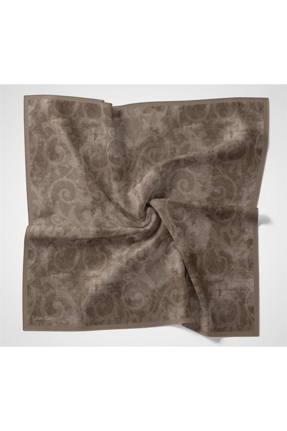 Polyester Karışımlı Shiny Eşarp Koyu Vizon Etnik Desenli Parlak Dokulu 90x90