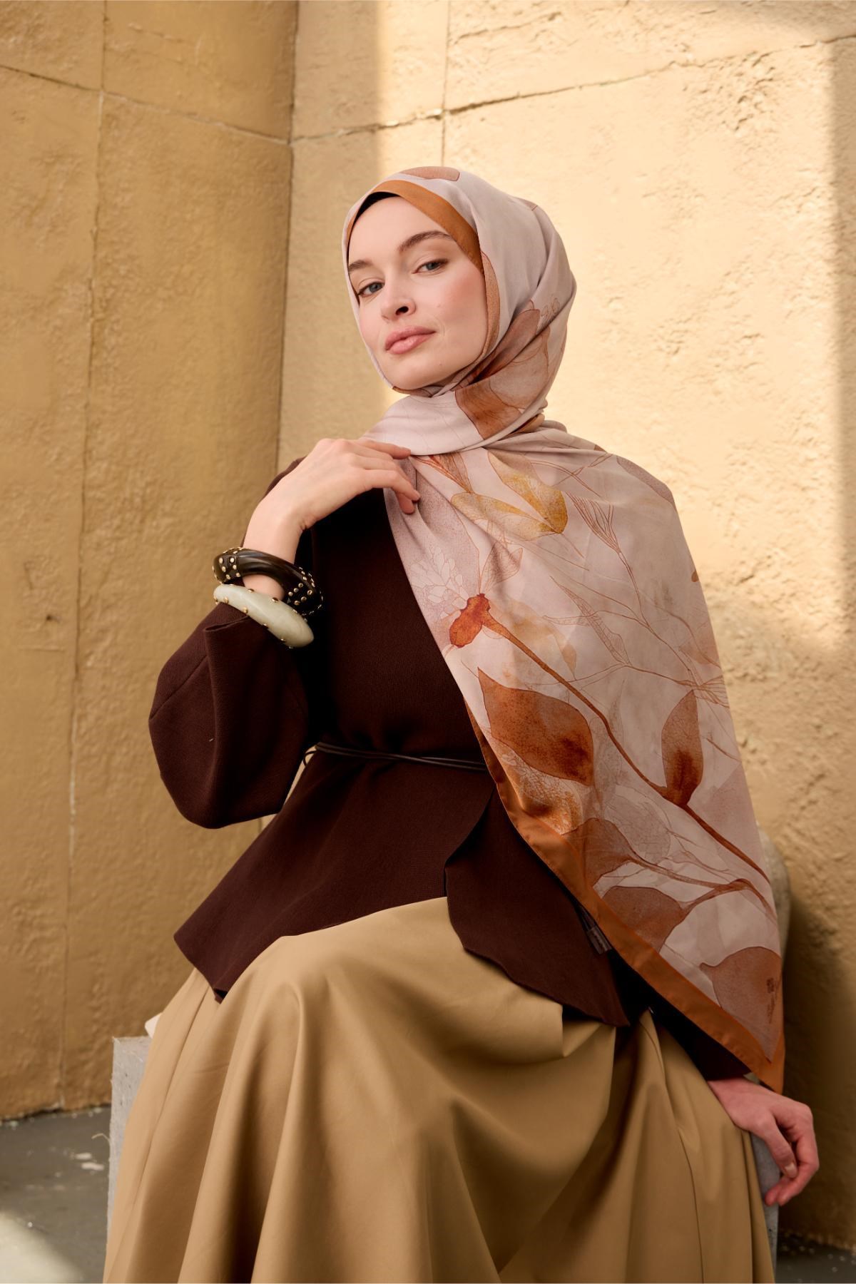 Polyester Velina Şal Karamel-Kiremit-Turuncu Desenli Parlak Dokulu Hafif 190x70