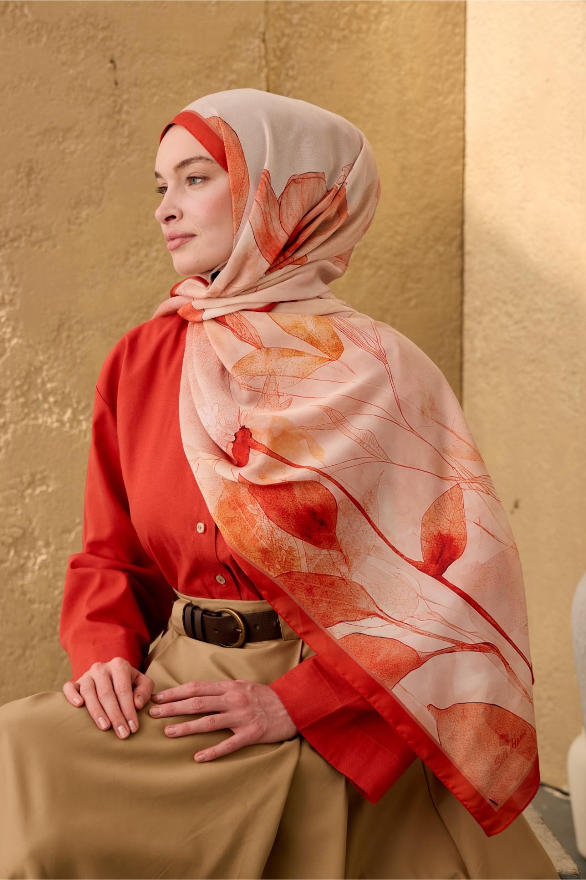 Polyester Velina Şal Parlak Turuncu-Krem Desenli Parlak Dokulu Hafif 190x70