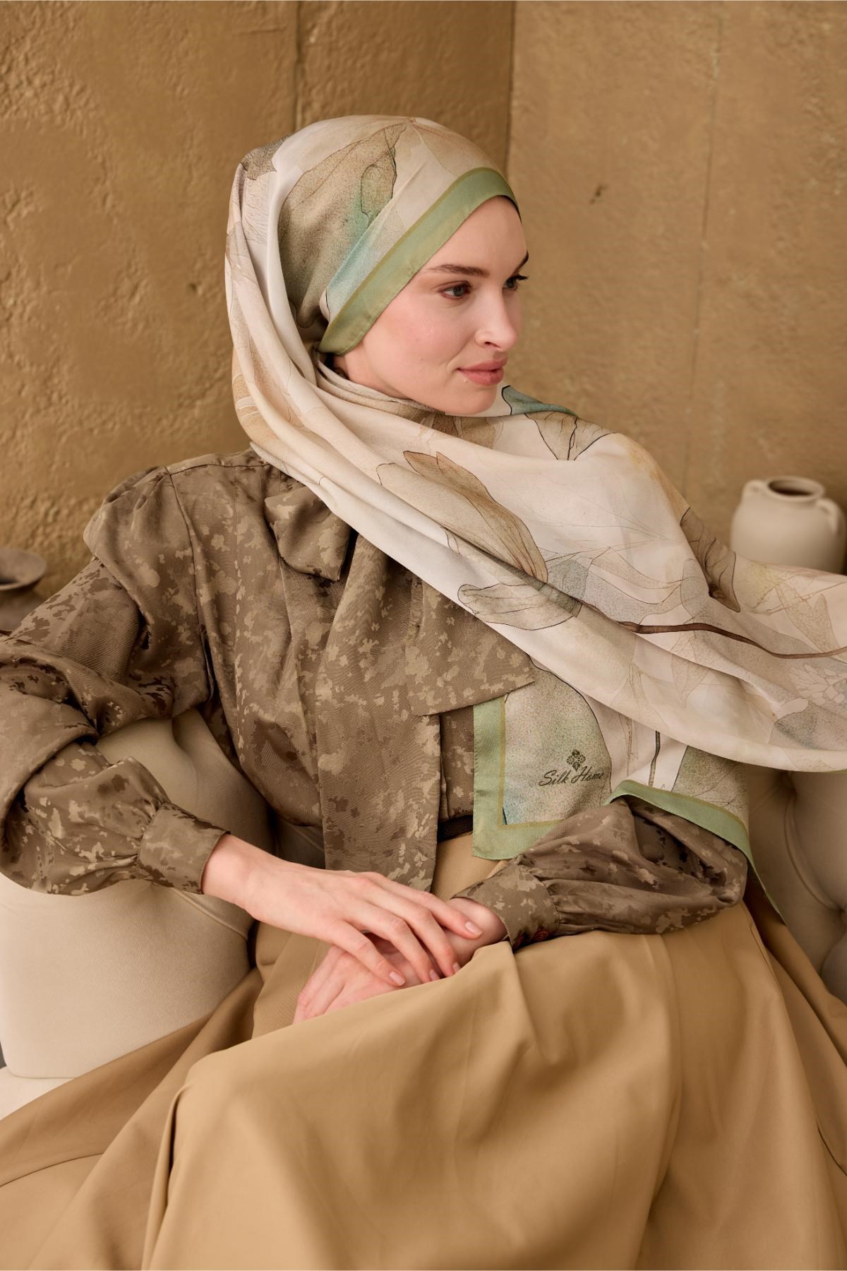 Polyester Velina Şal Pastel Yeşil Haki Kahve Turuncu Mavi Desenli İpeksi Dokulu Hafif Yapılı 70x190