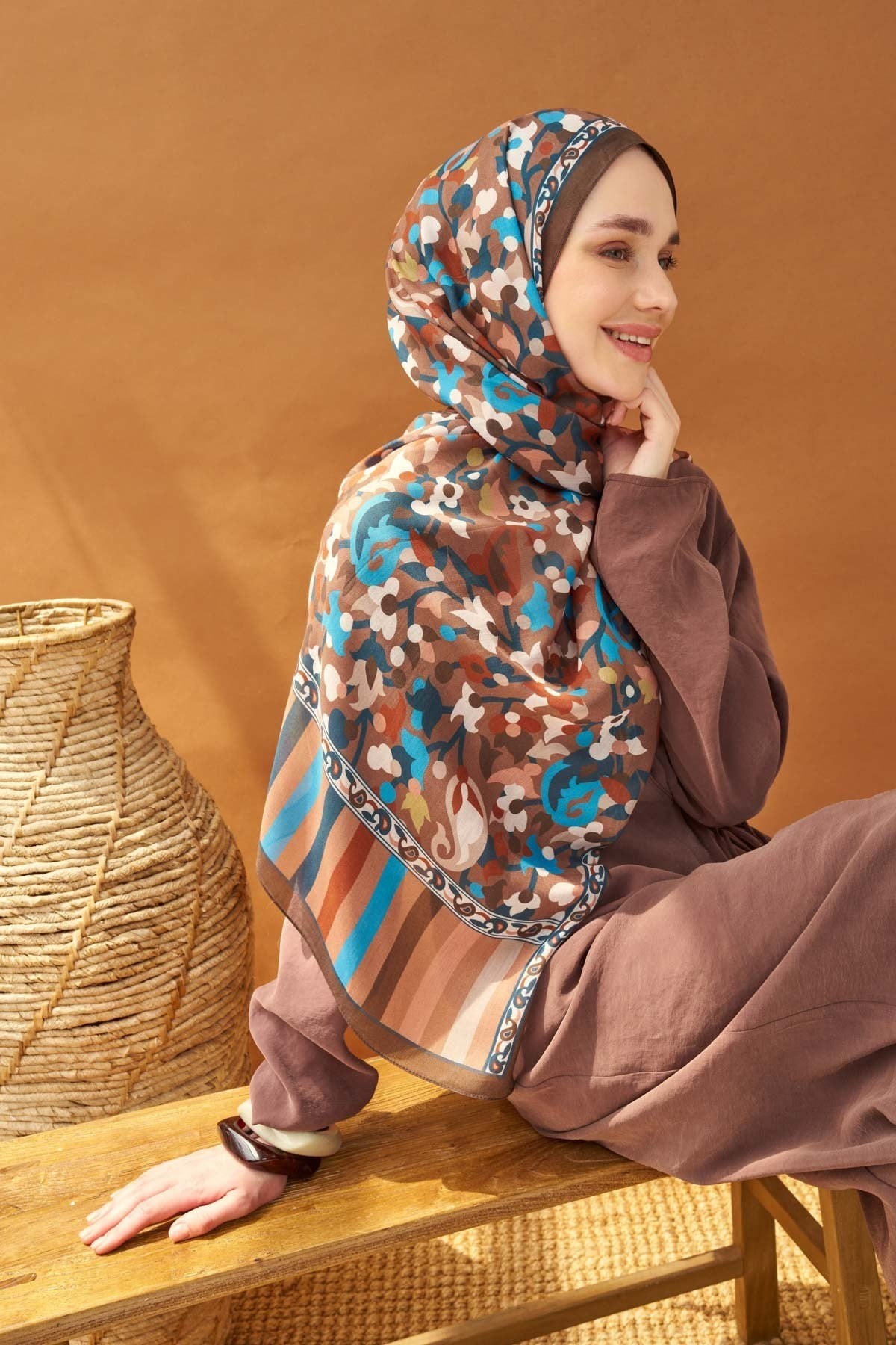 Riva Şal Tencel Botanical Floral Çikolata Kahve