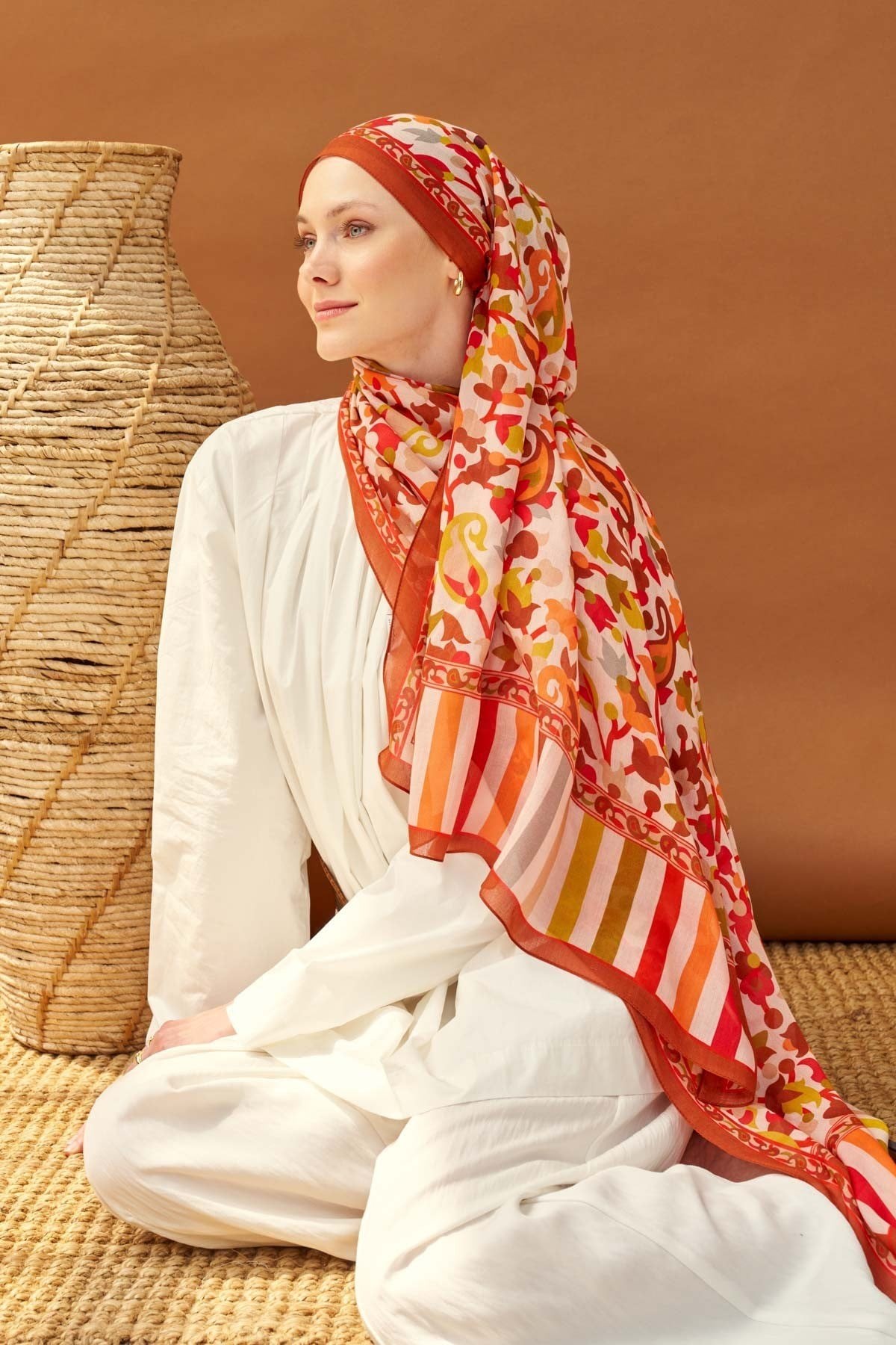 Riva Şal Tencel Botanical Floral Koyu Turuncu
