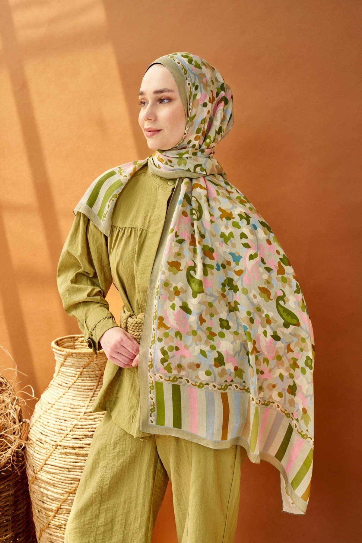 Riva Şal Tencel Botanical Floral Küf Yeşili