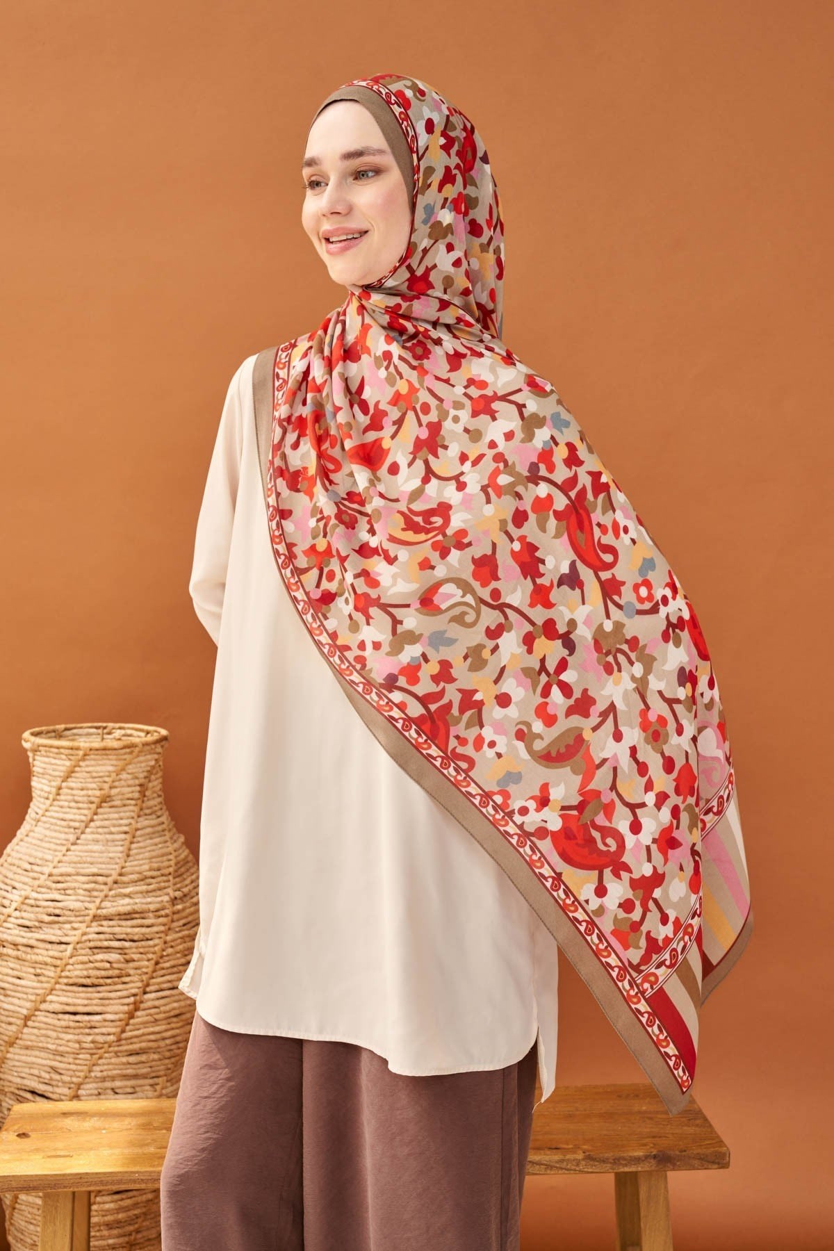 Riva Şal Tencel Botanical Floral Vizon