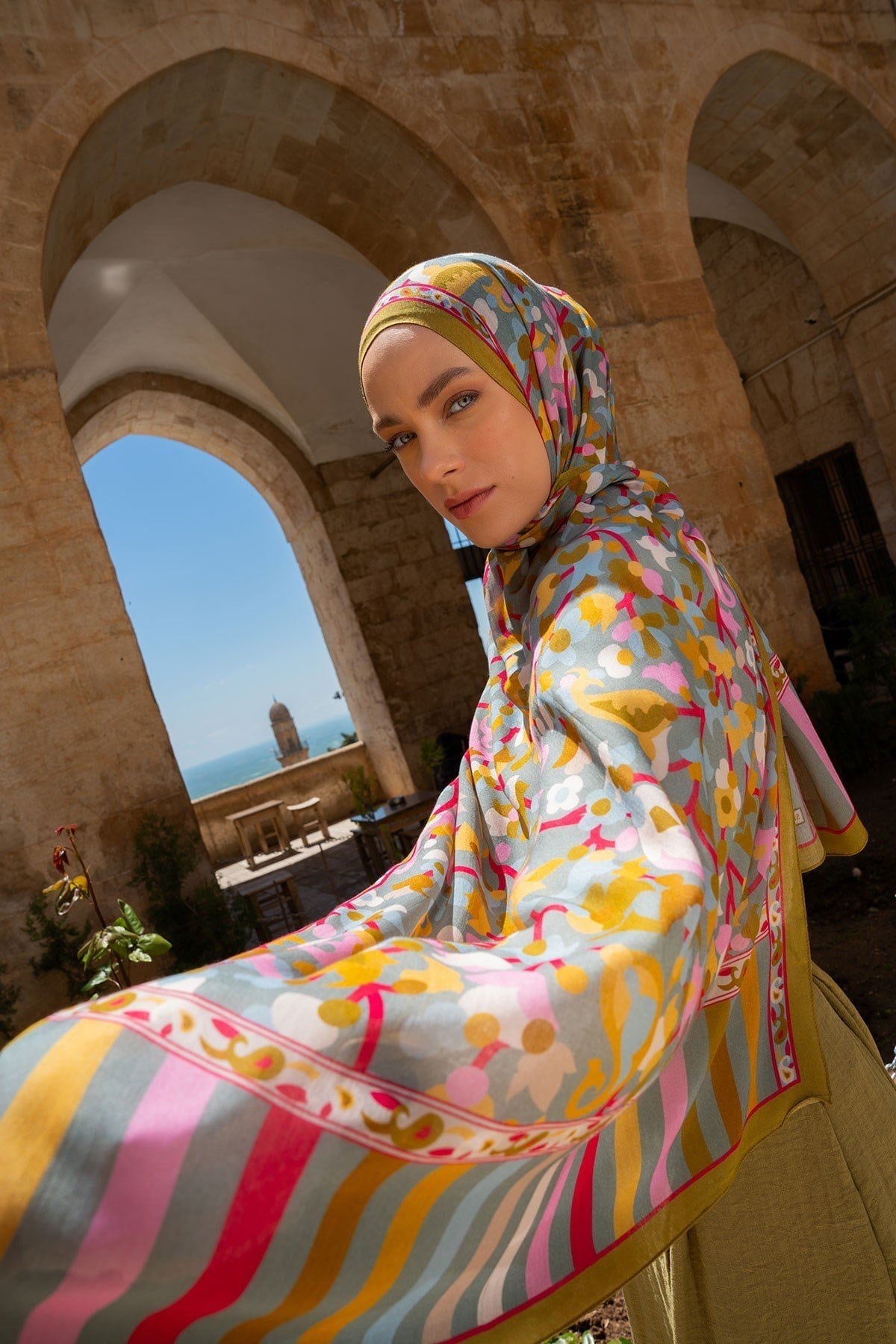 Riva Şal Tencel Botanical Floral Yağ Yeşili