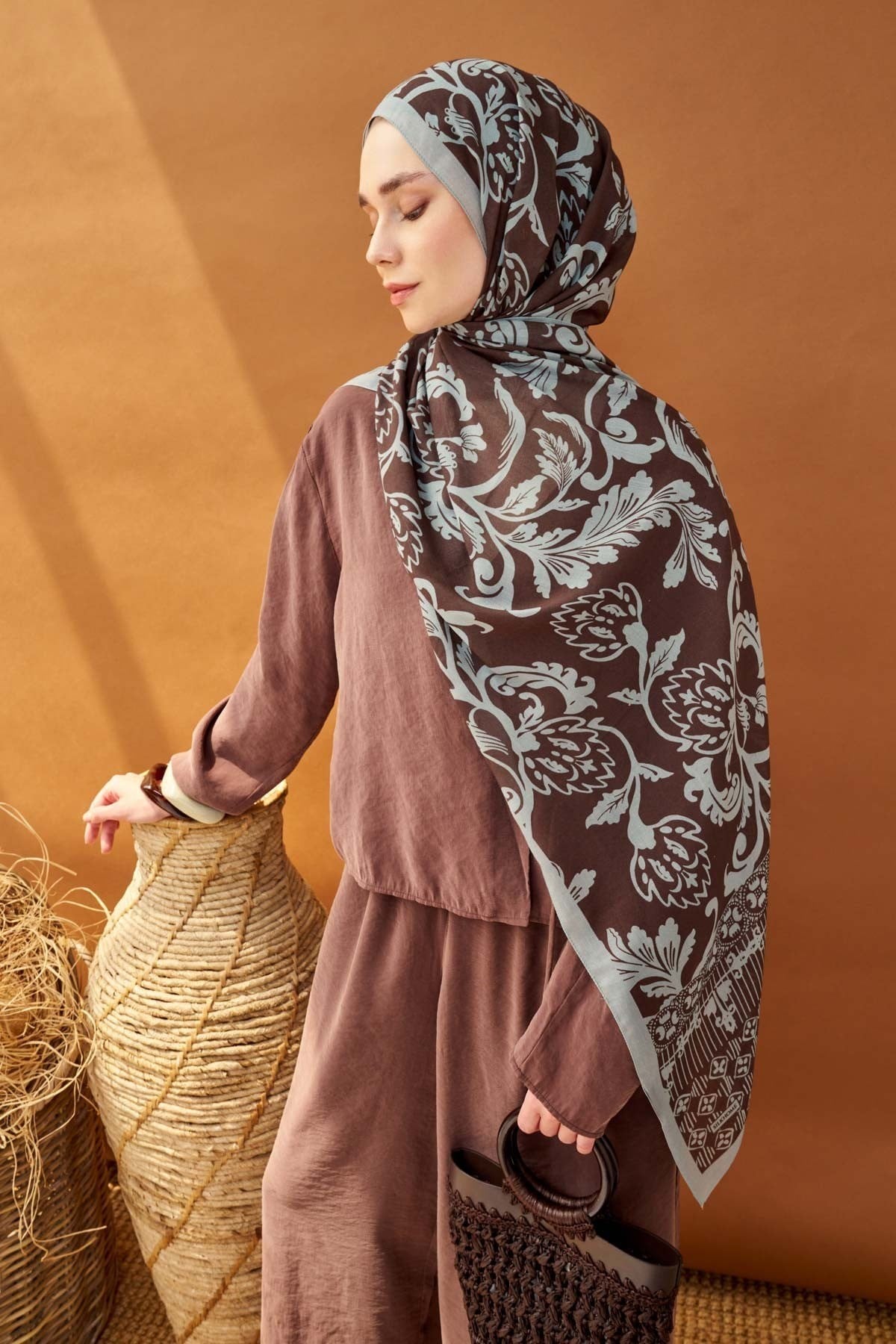 Riva Şal Tencel Floral Acı Kahve