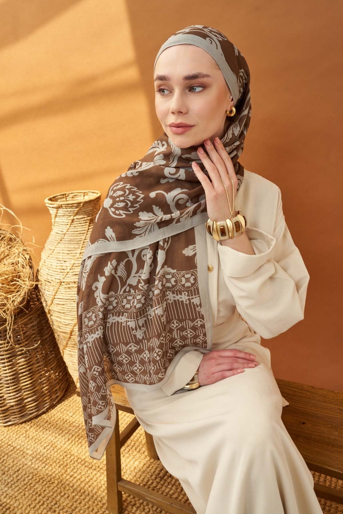 Riva Şal Tencel Floral Çikolata Kahve