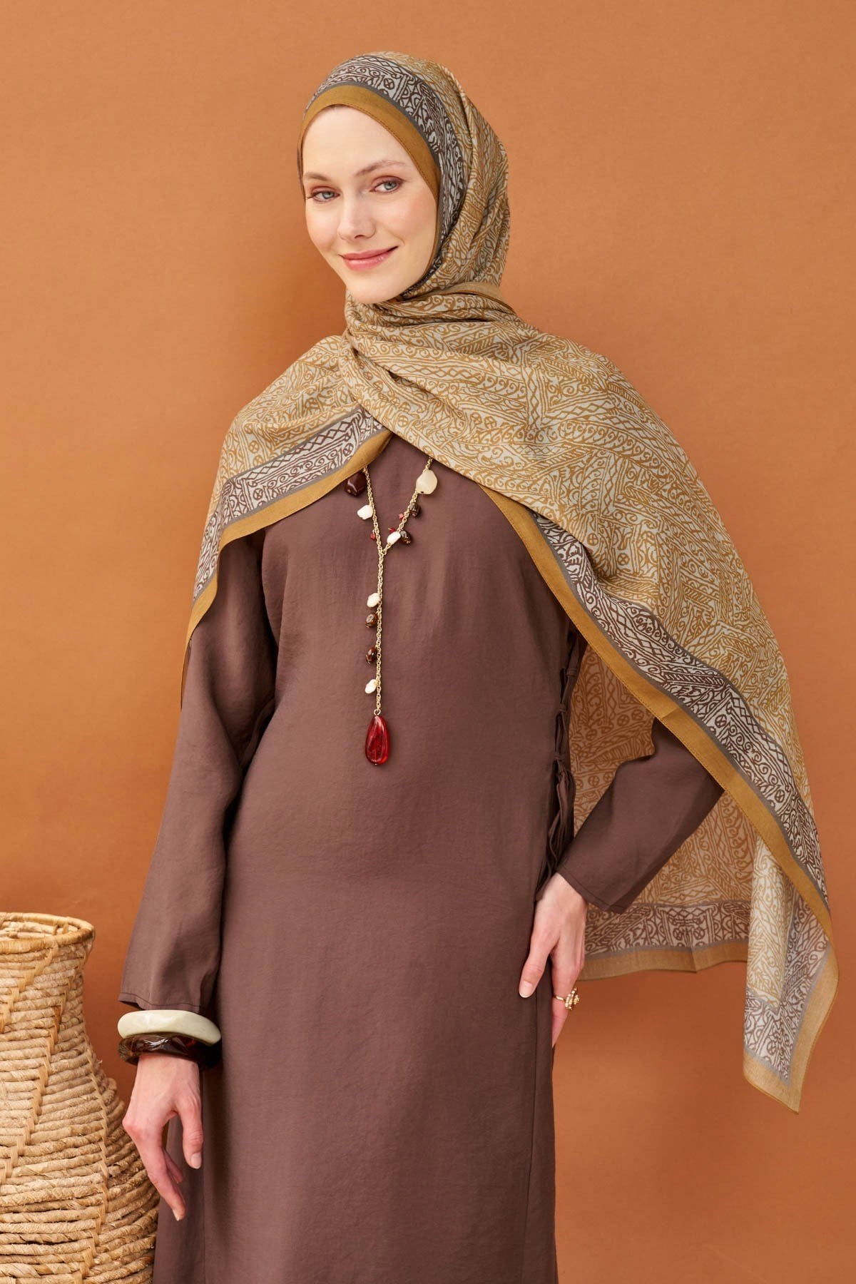 Riva Şal Tencel Güpür Desen Karamel